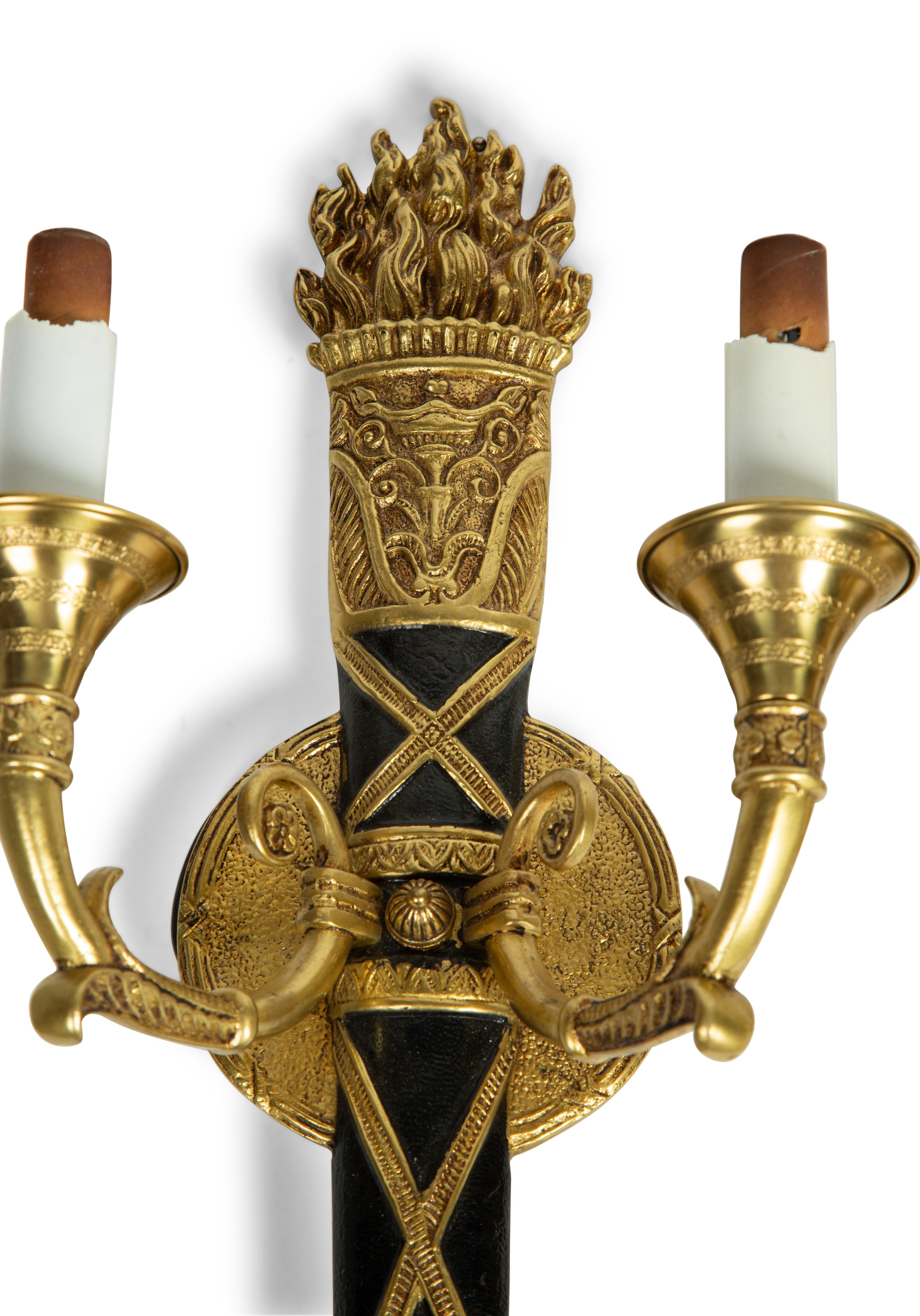 A Set of Four Empire Style Two-Light Brass and Ebonized Sconces — 20TH CENTURY