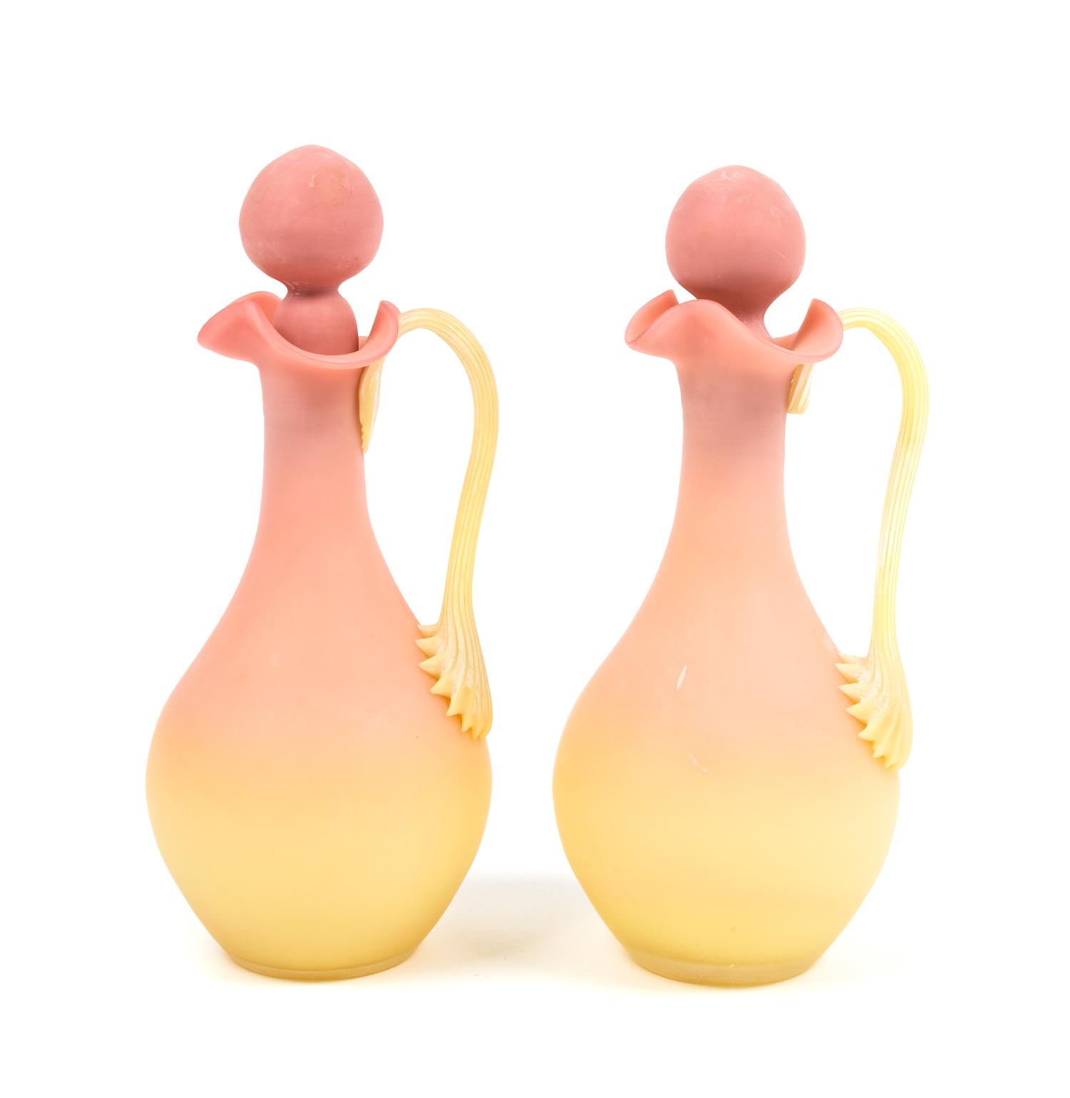 A Pair of Italian Burmese Type Glass Cruets, Vetro Artistico Veneziano Height 9 inches