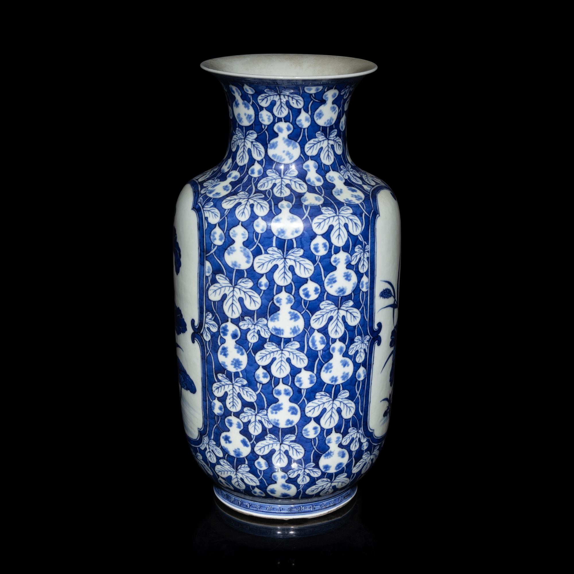 A Chinese Blue and White 'Gourds and Lotus' Vase, Qing Dynasty 清晚期 青花葫蘆紋地開光荷塘圖燈籠瓶