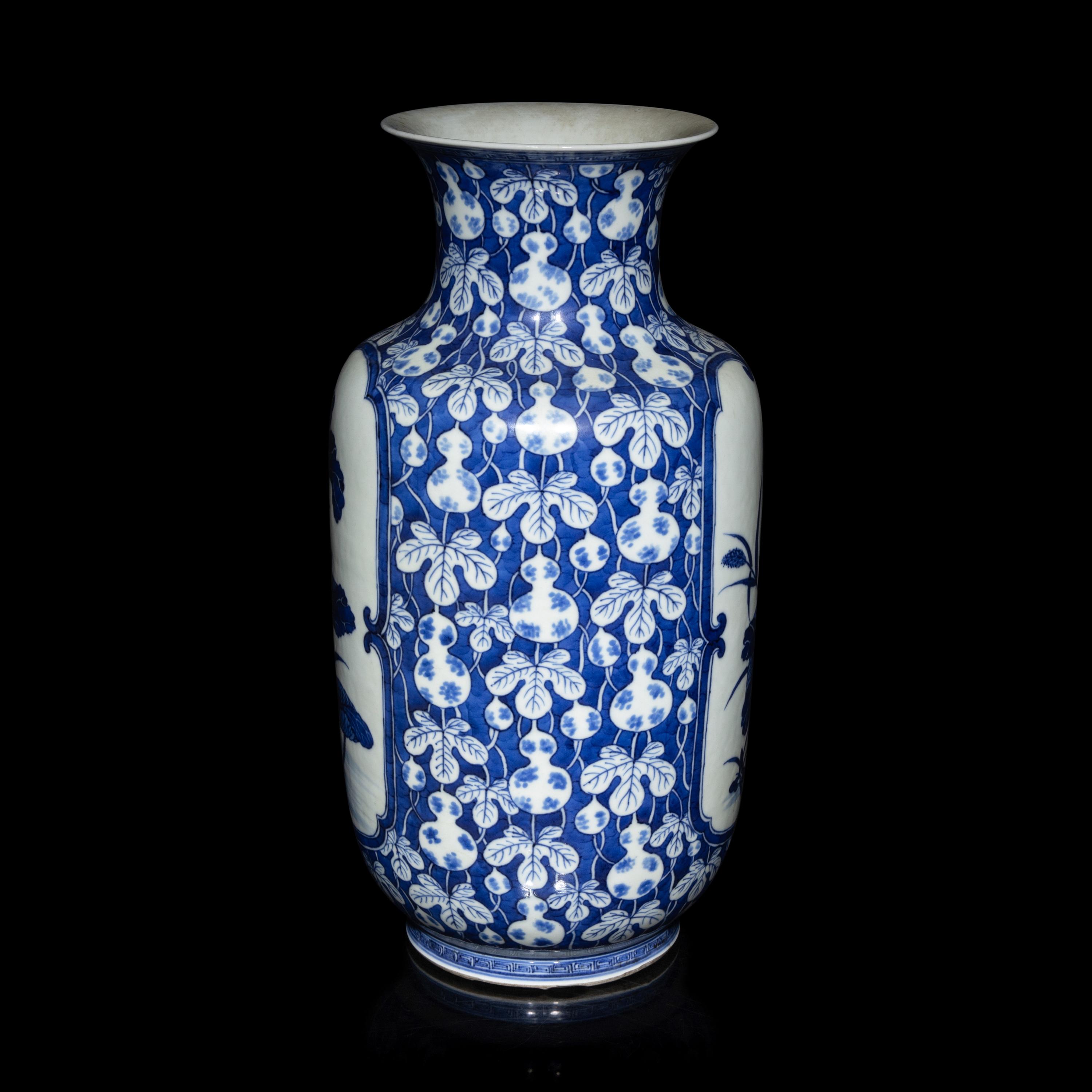 A Chinese Blue and White 'Gourds and Lotus' Vase, Qing Dynasty 清晚期 青花葫蘆紋地開光荷塘圖燈籠瓶