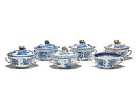A Group of Six Chinese Export Porcelain Blue Fitzhugh Double-Handled Bowls with Five Covers