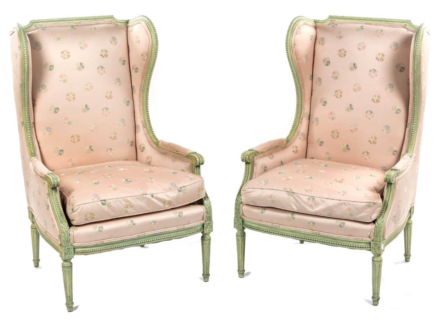 A Pair of Louis XVI Style Painted Bergeres, Height 42 3/4 inches.