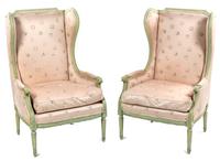 A Pair of Louis XVI Style Painted Bergeres, Height 42 3/4 inches.