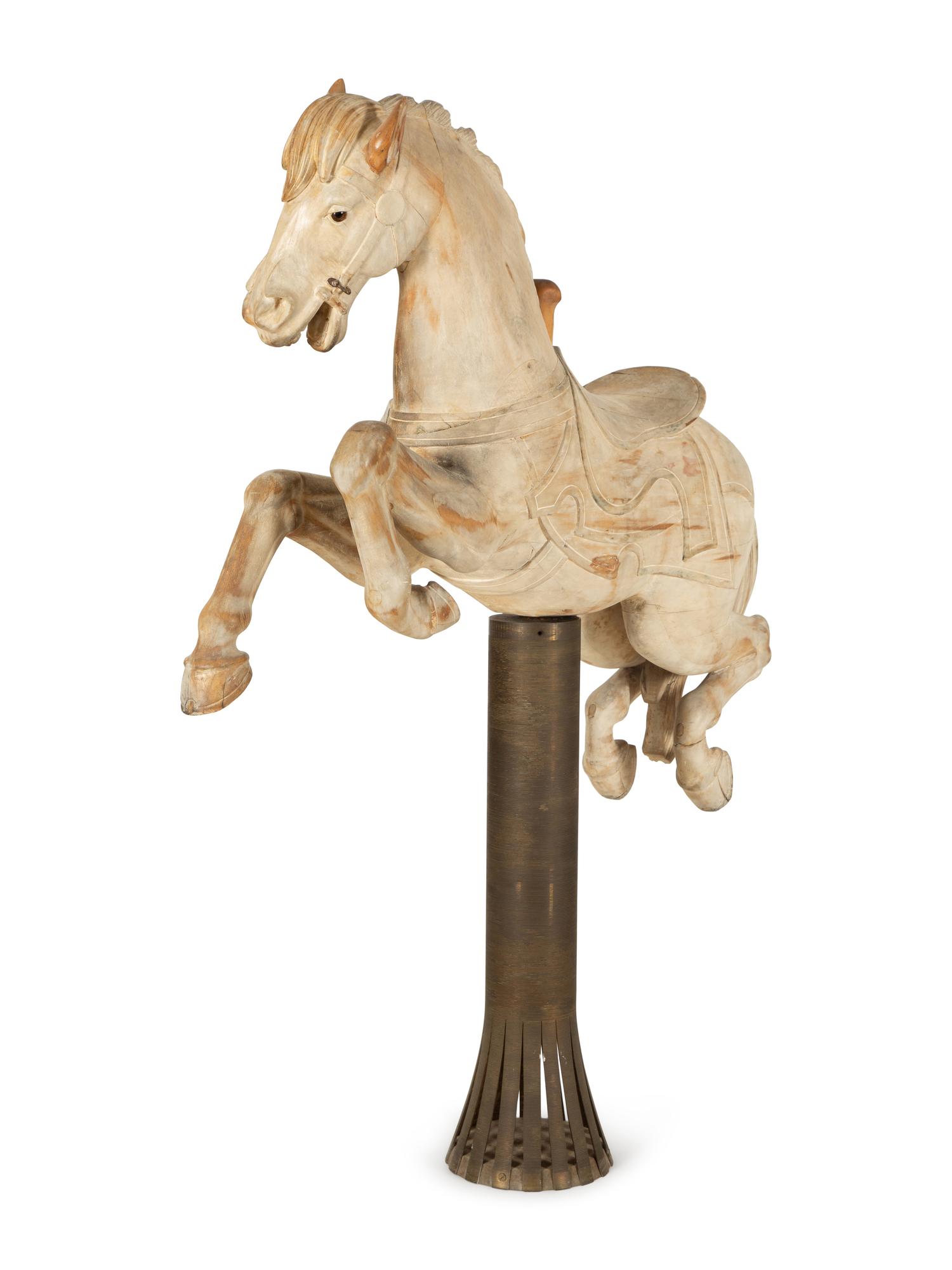 A Carved Wood Jumping Carousel Horse with Custom Bronze Mounting Pole — 19th/20th Century