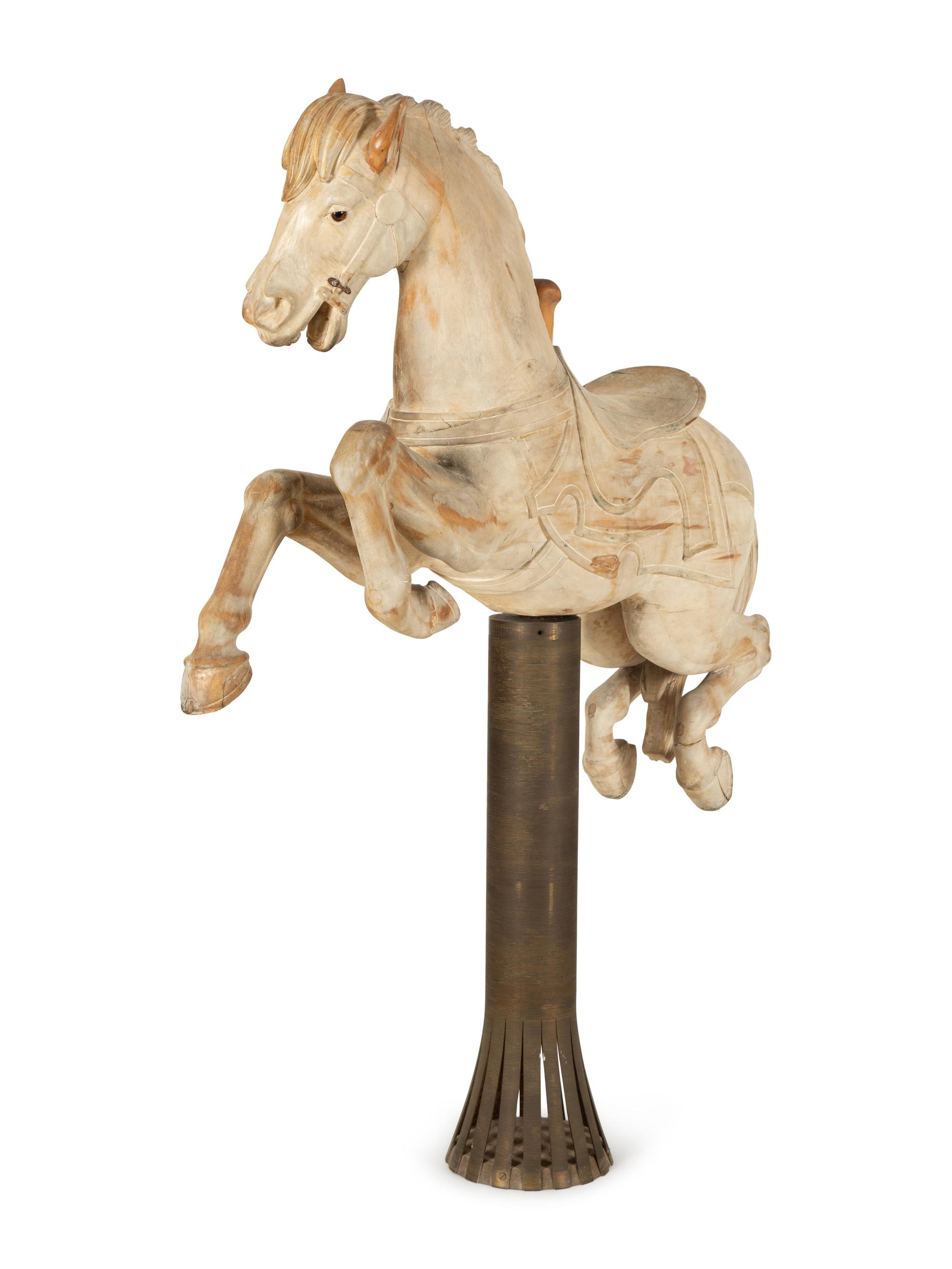 A Carved Wood Jumping Carousel Horse with Custom Bronze Mounting Pole — 19th/20th Century