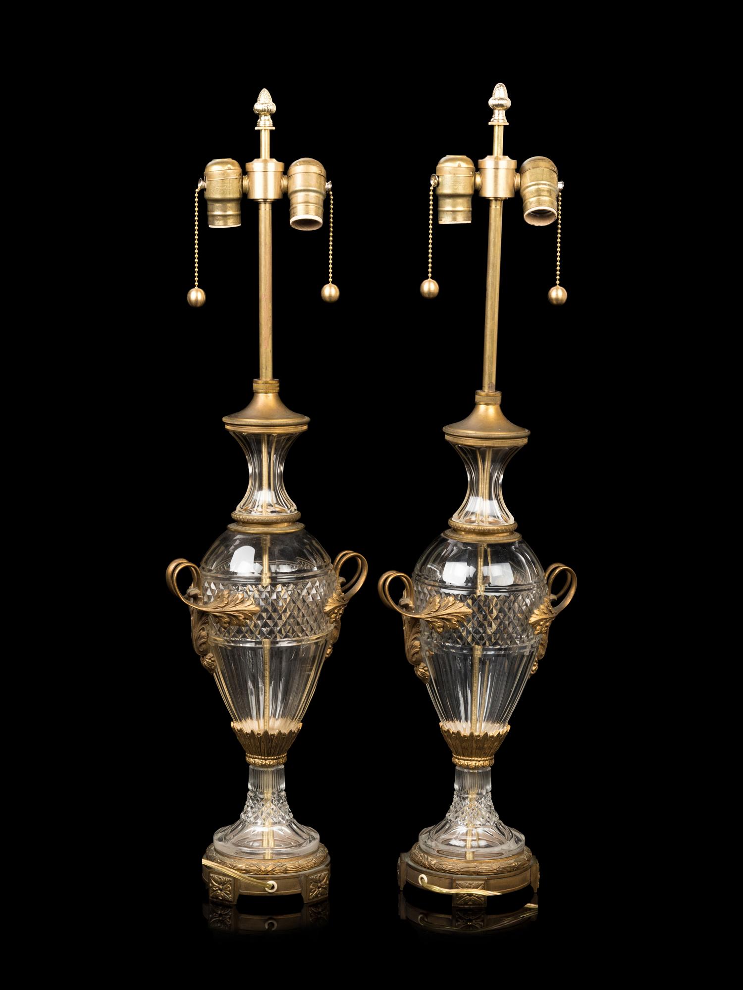 A Pair of French Gilt Bronze Mounted Cut Glass Vases Mounted as Lamps