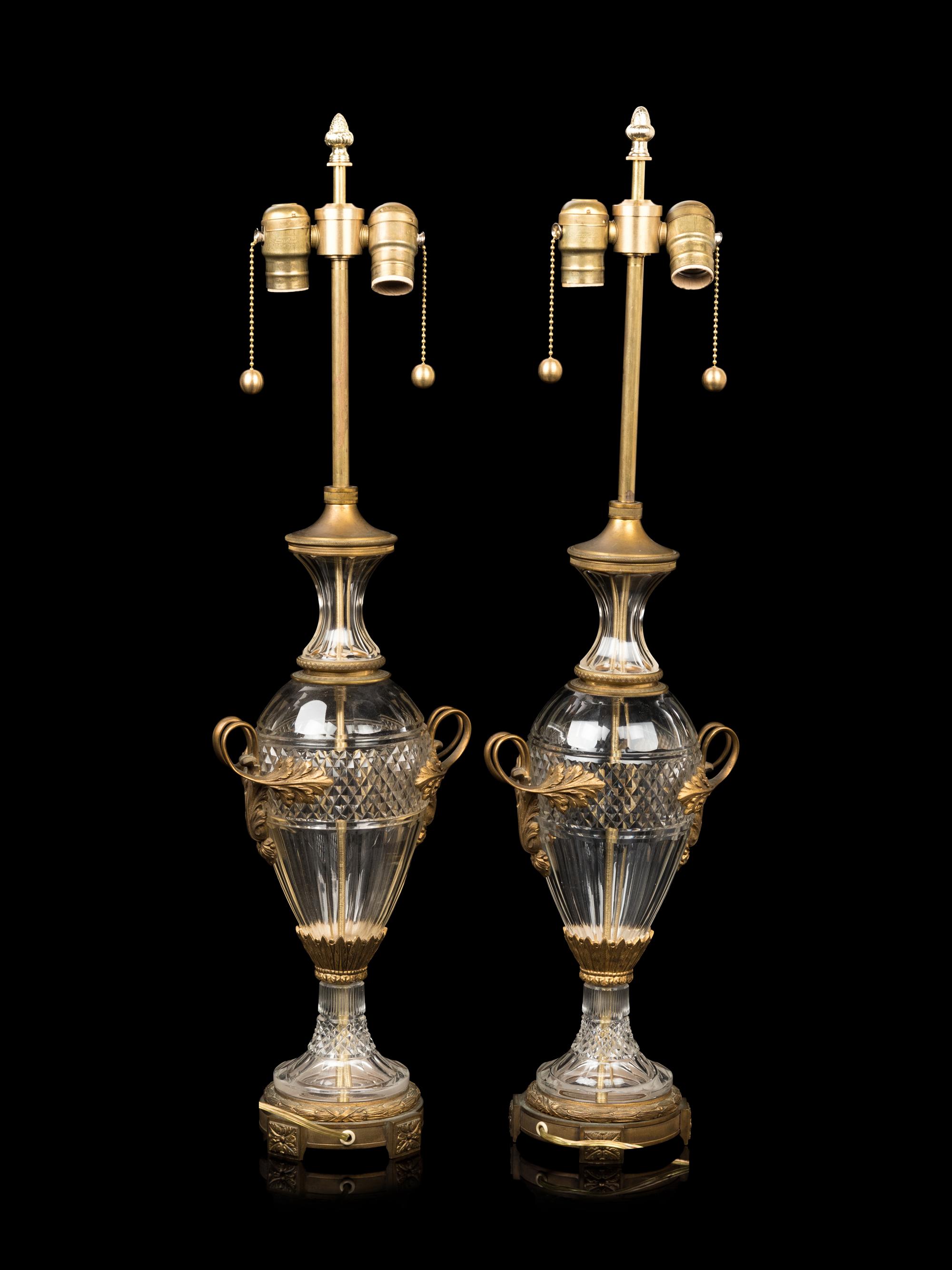 A Pair of French Gilt Bronze Mounted Cut Glass Vases Mounted as Lamps