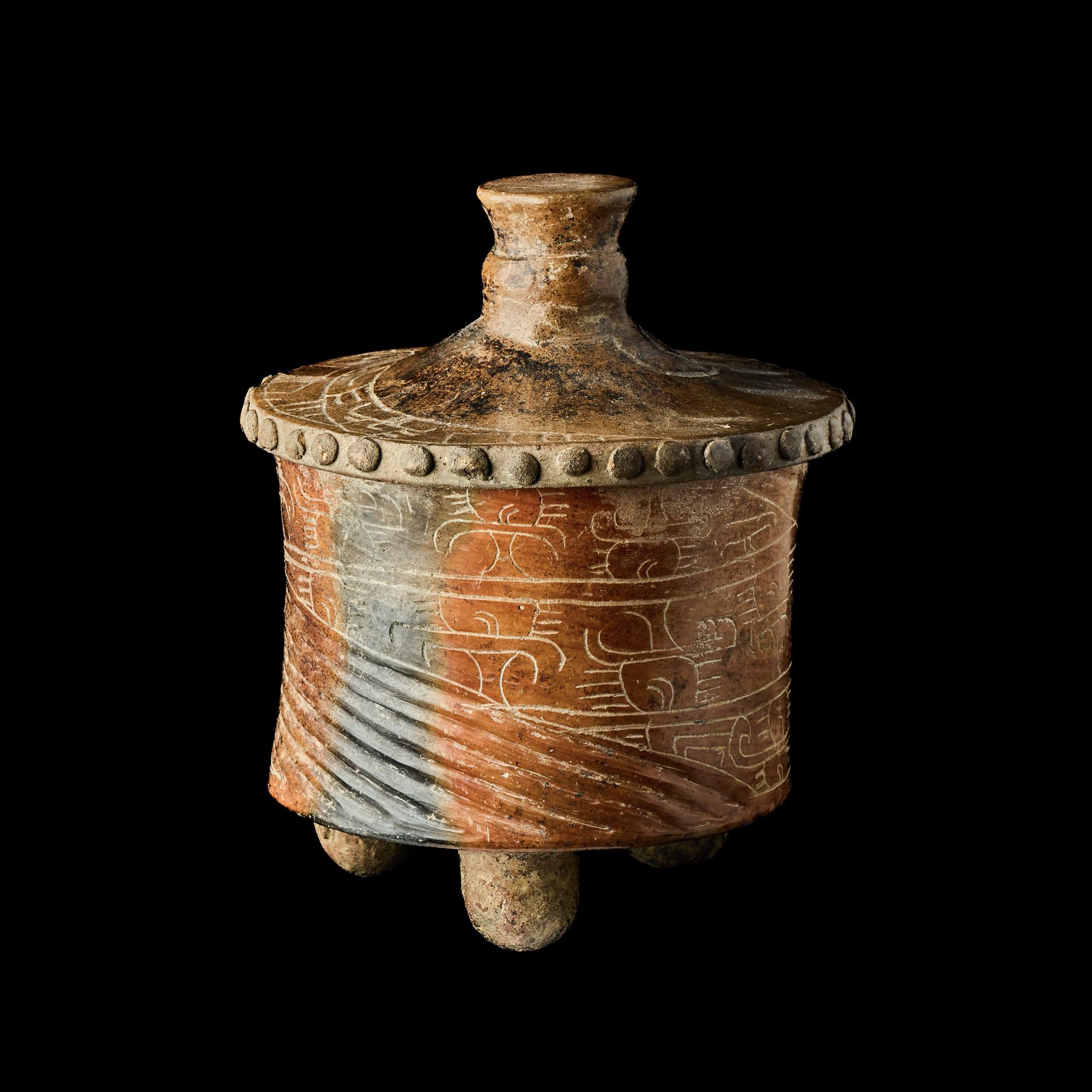 A Maya Incised Lidded Tripod Vessel