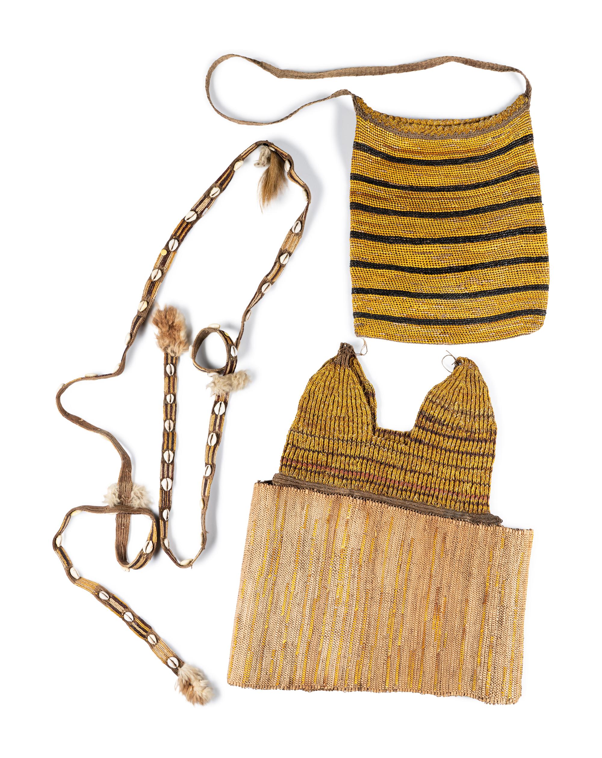 Two Asmat Woven Fiber Bags and a Wealth Belt