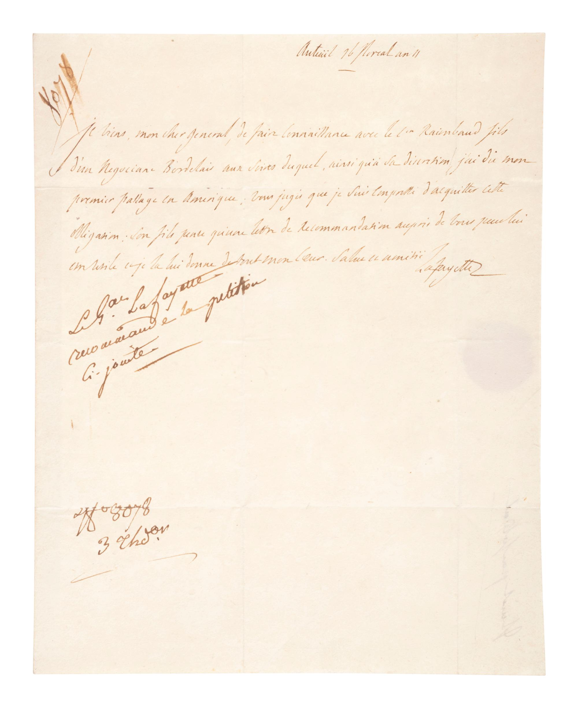 LAFAYETTE, Marie-Joseph Paul Yves Roch Gilbert du Motier, Marquis de (1757-1834). Document signed ("Lafayette") to General Louis-Alexandre Berthier, French Minister of War. 5 May 1794. [ With: ] Lafayette mourning ribbon, 1843.