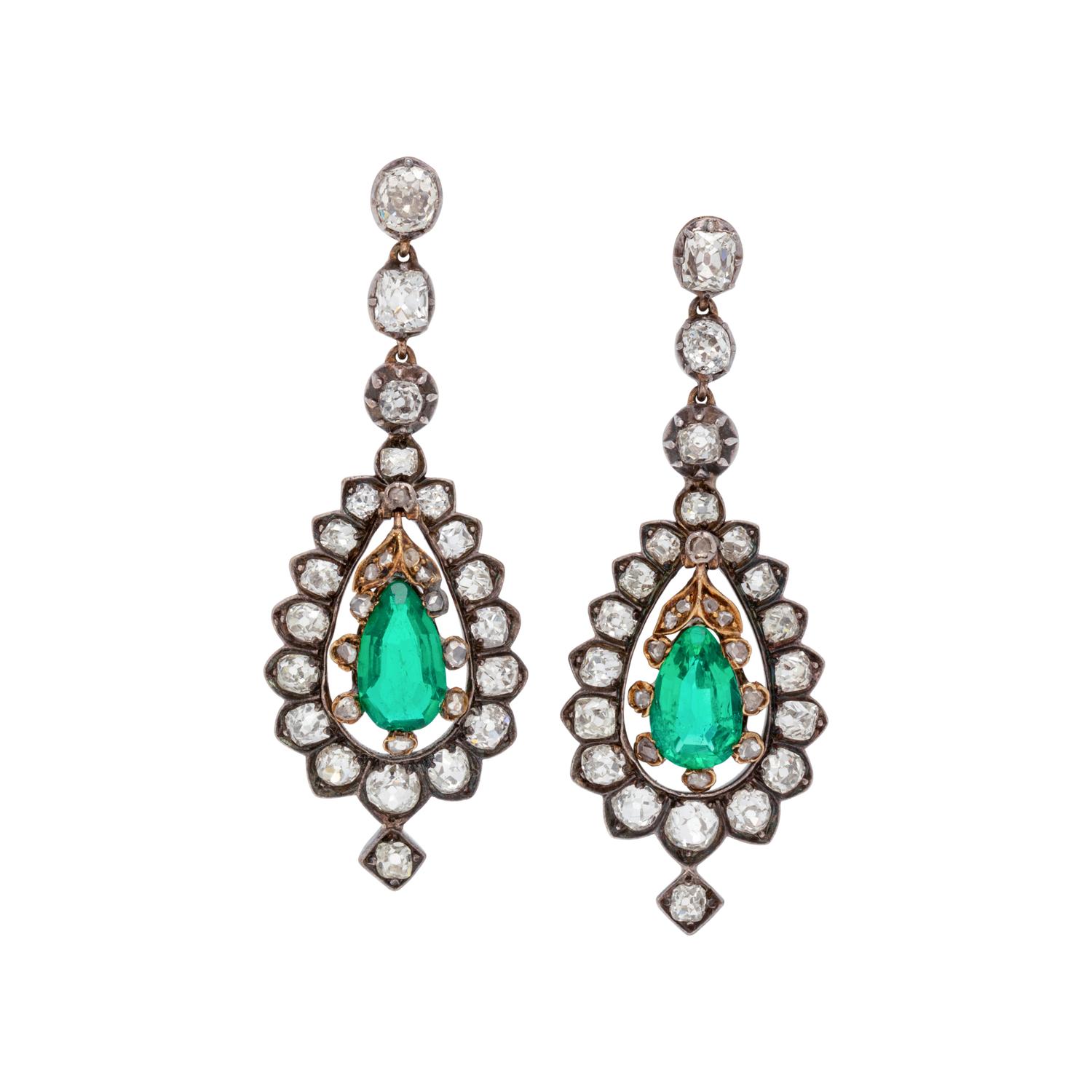 VICTORIAN, EMERALD AND DIAMOND EARRINGS