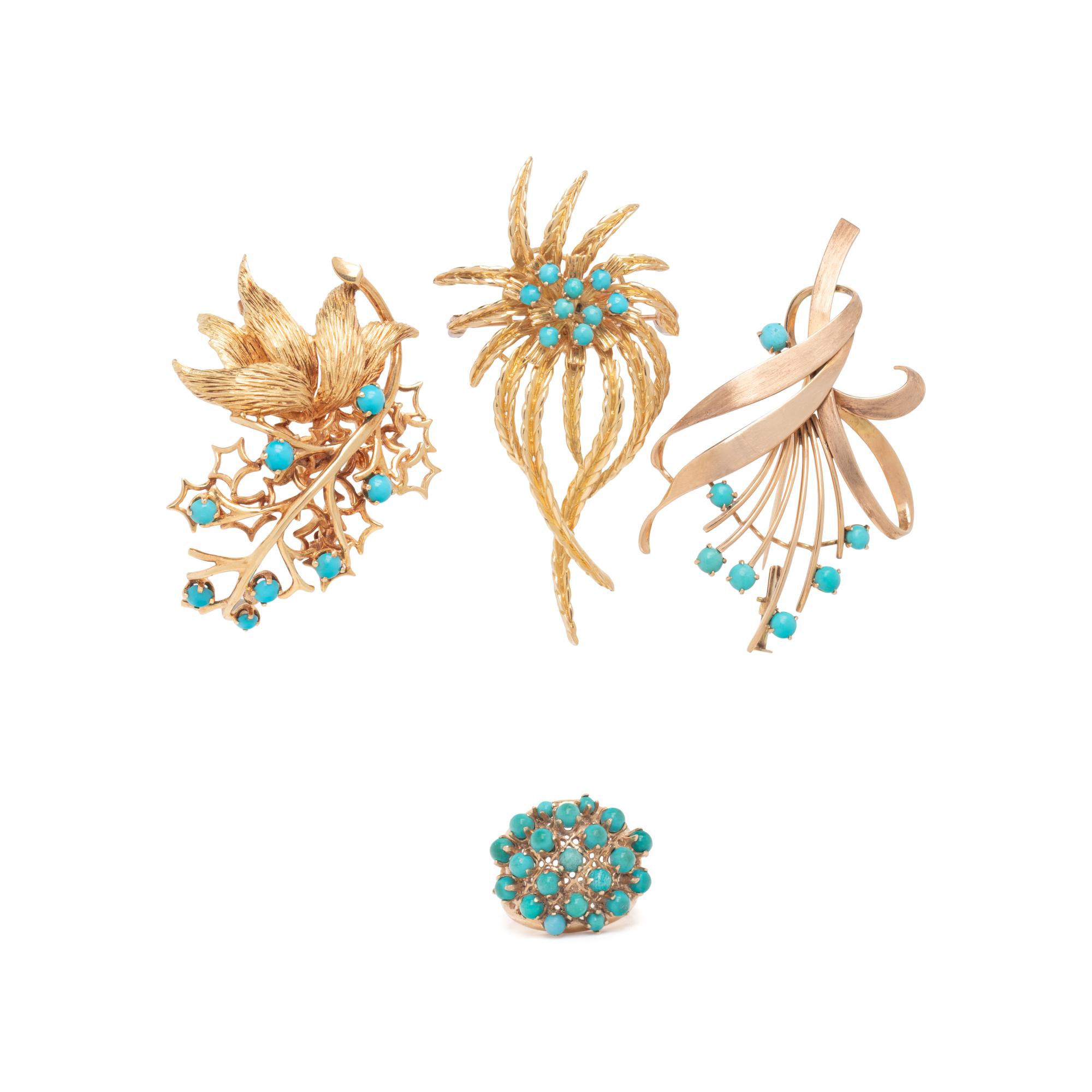 COLLECTION OF YELLOW GOLD AND TURQUOISE JEWELRY
