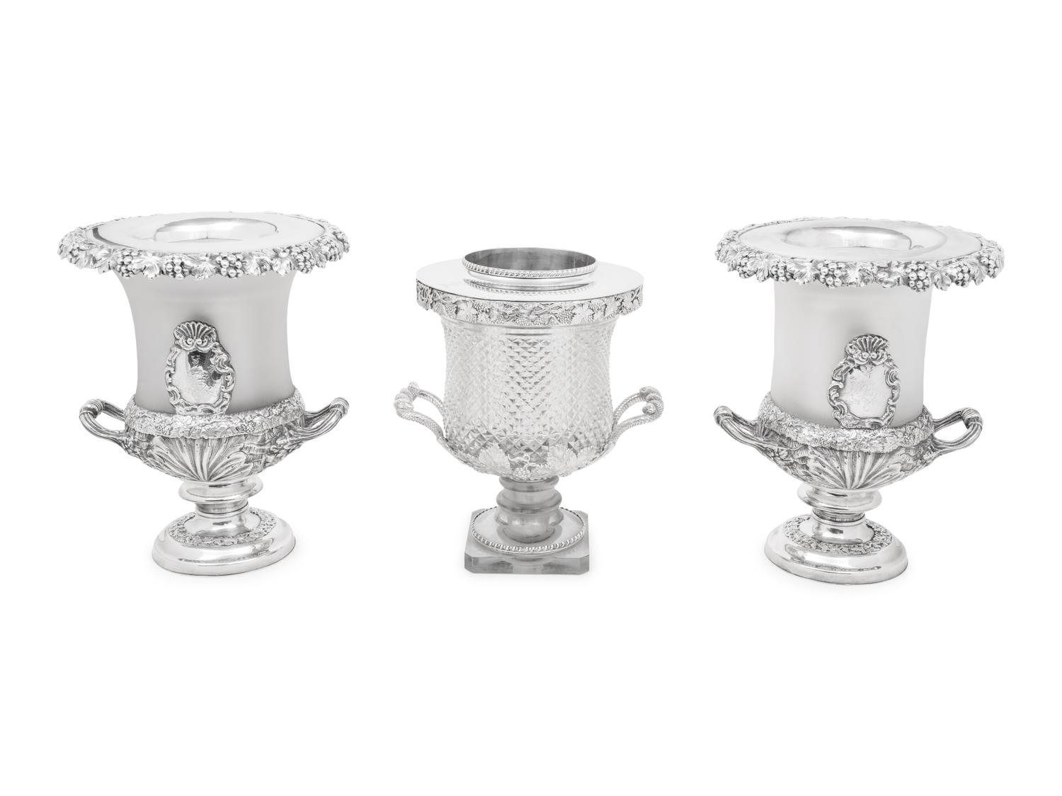 A Pair of English Frosted Glass and Silver-Plate Wine Coolers