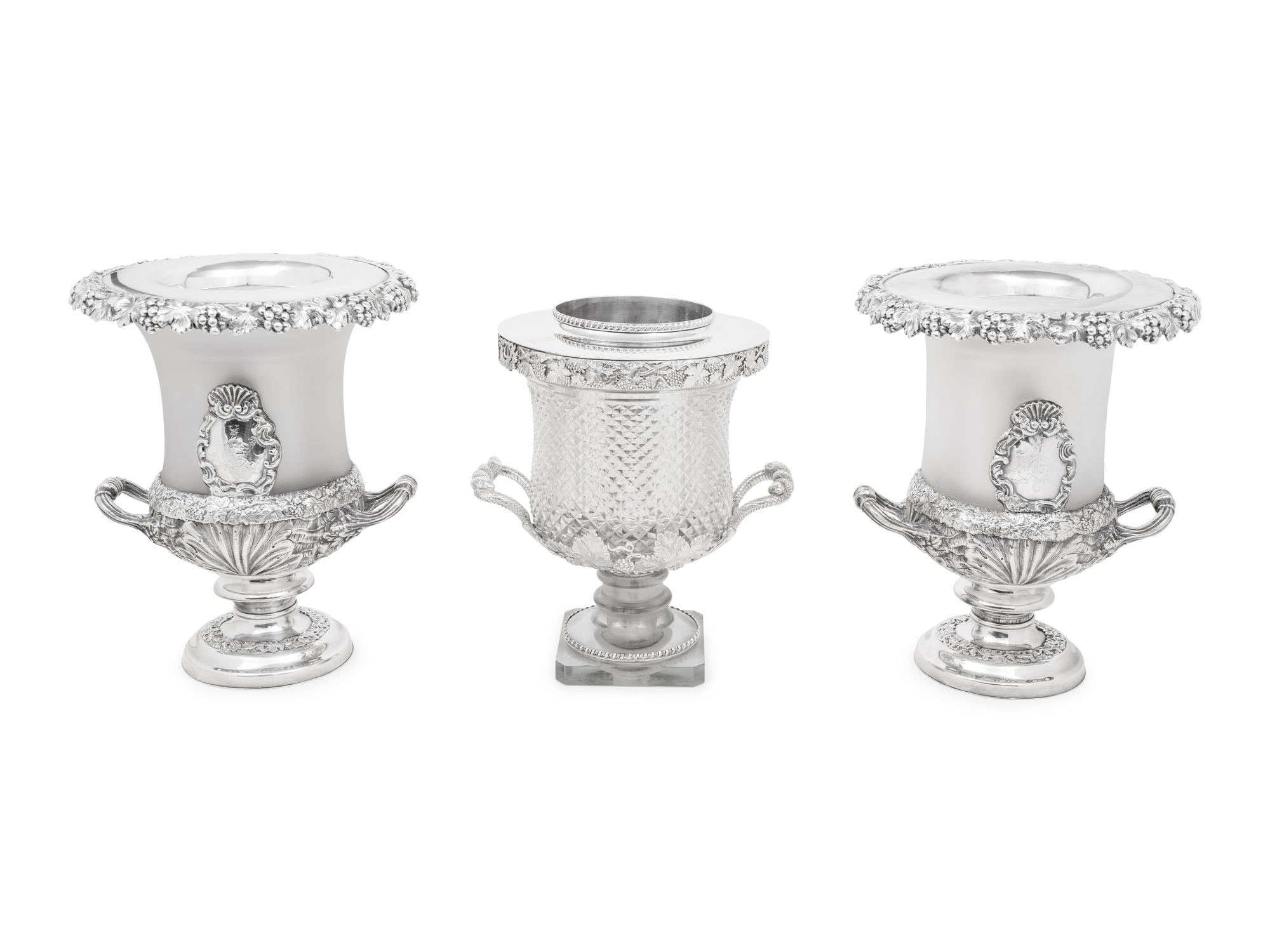 A Pair of English Frosted Glass and Silver-Plate Wine Coolers
