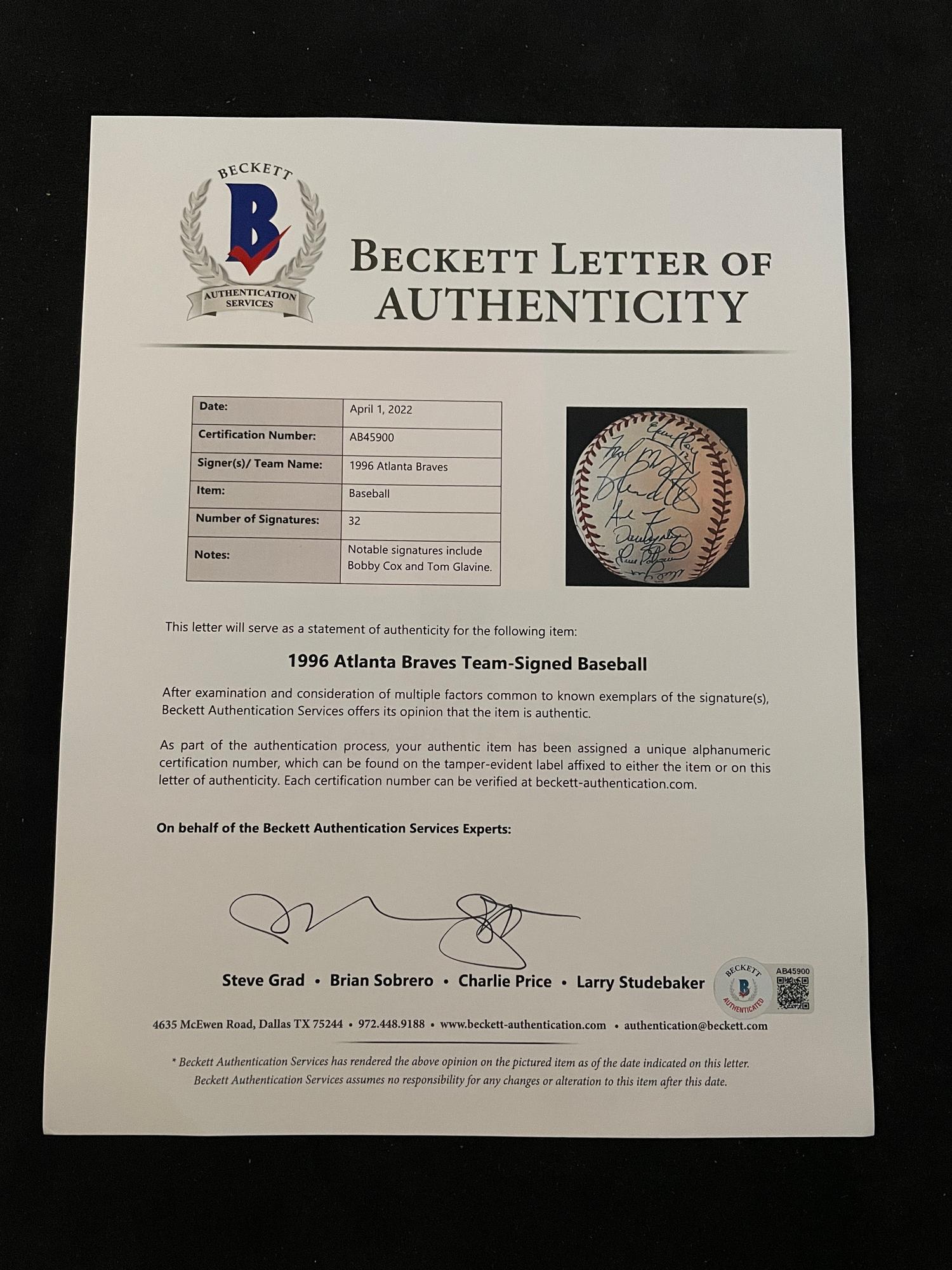 A 1996 Atlanta Braves National League Champion Team Signed Autograph Baseball With 32 Signatures (Beckett Authentication Services Letter BAS Certified),