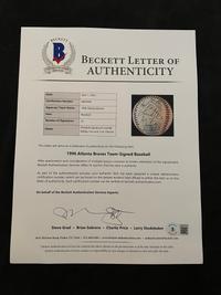 A 1996 Atlanta Braves National League Champion Team Signed Autograph Baseball With 32 Signatures (Beckett Authentication Services Letter BAS Certified),