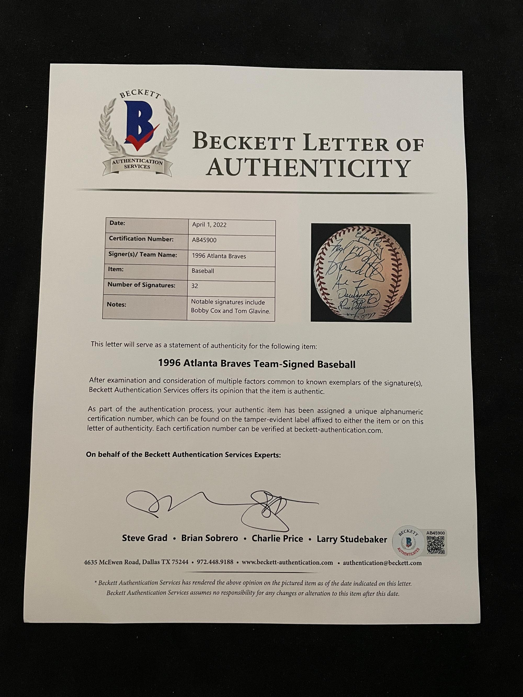 A 1996 Atlanta Braves National League Champion Team Signed Autograph Baseball With 32 Signatures (Beckett Authentication Services Letter BAS Certified),