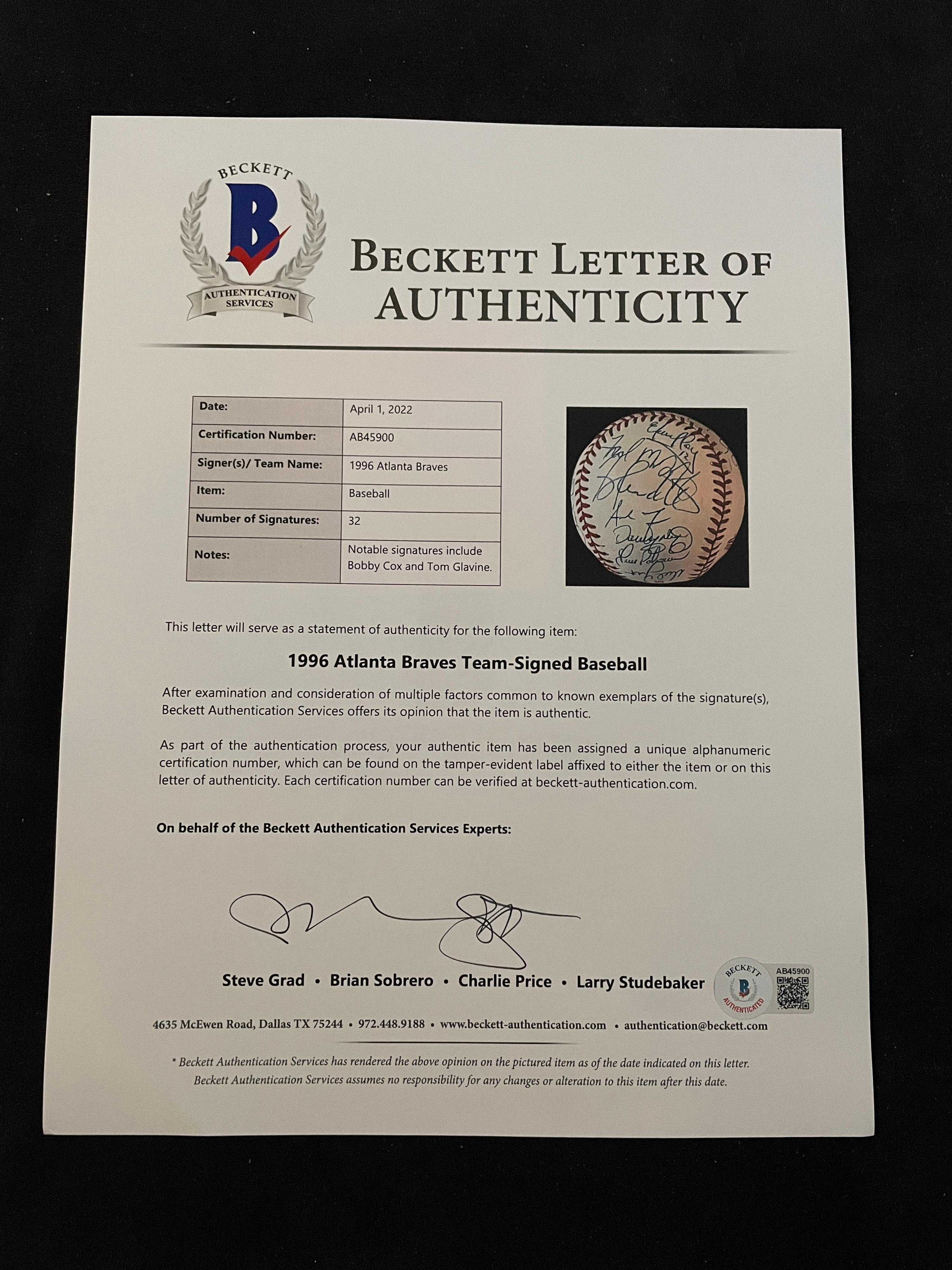 A 1996 Atlanta Braves National League Champion Team Signed Autograph Baseball With 32 Signatures (Beckett Authentication Services Letter BAS Certified),