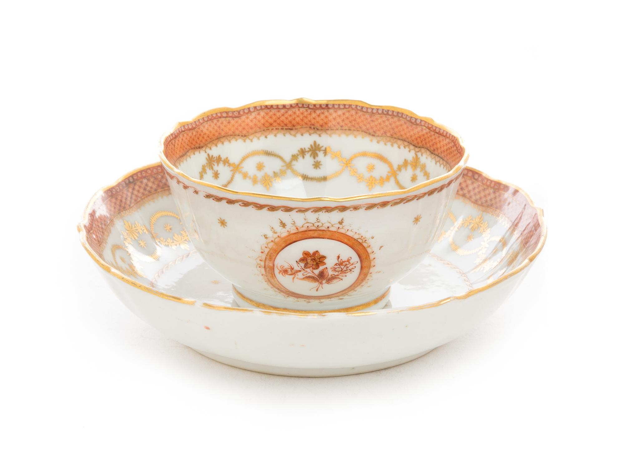 A Chinese Export Polychrome Enameled Porcelain Cup and Saucer Diameter of saucer 5 3/8 inches. — 19TH CENTURY