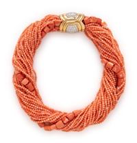 CORAL, YELLOW GOLD, AND DIAMOND TORSADE NECKLACE