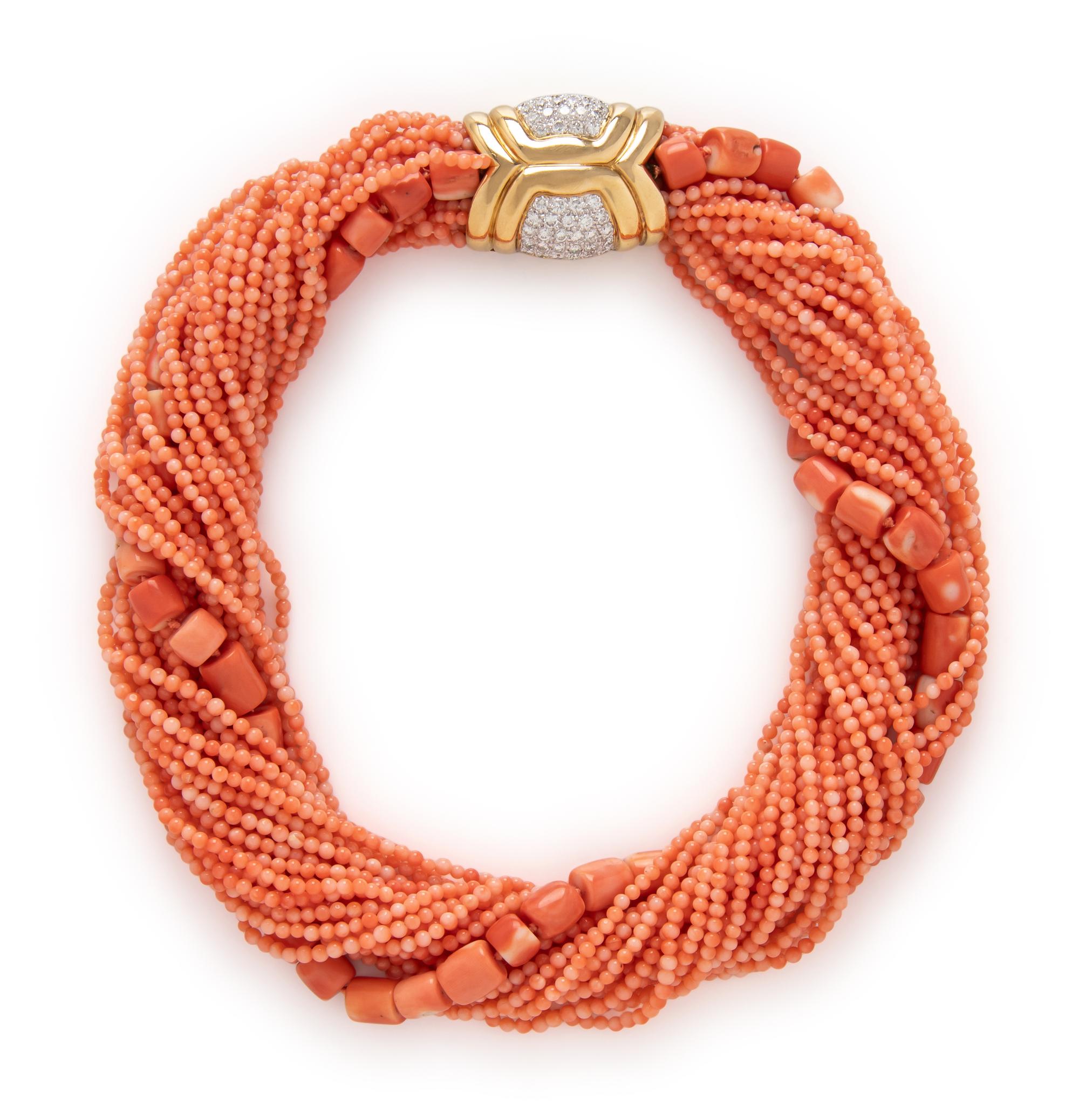 CORAL, YELLOW GOLD, AND DIAMOND TORSADE NECKLACE