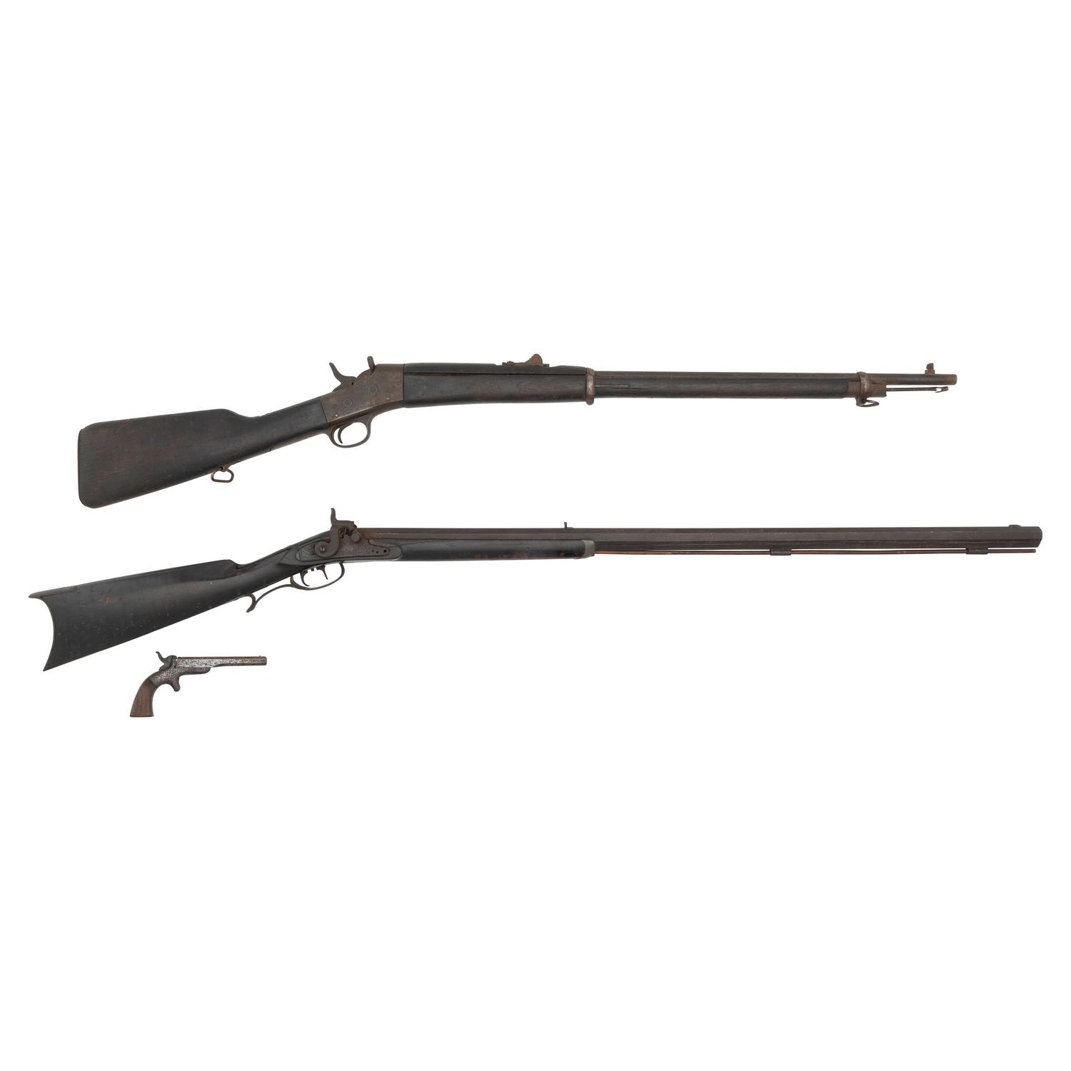 3 Antique Guns: Remington Rolling Block Rifle, Half-Stock Percussion Rifle, Allen & Wheelock Single Shot Pistol