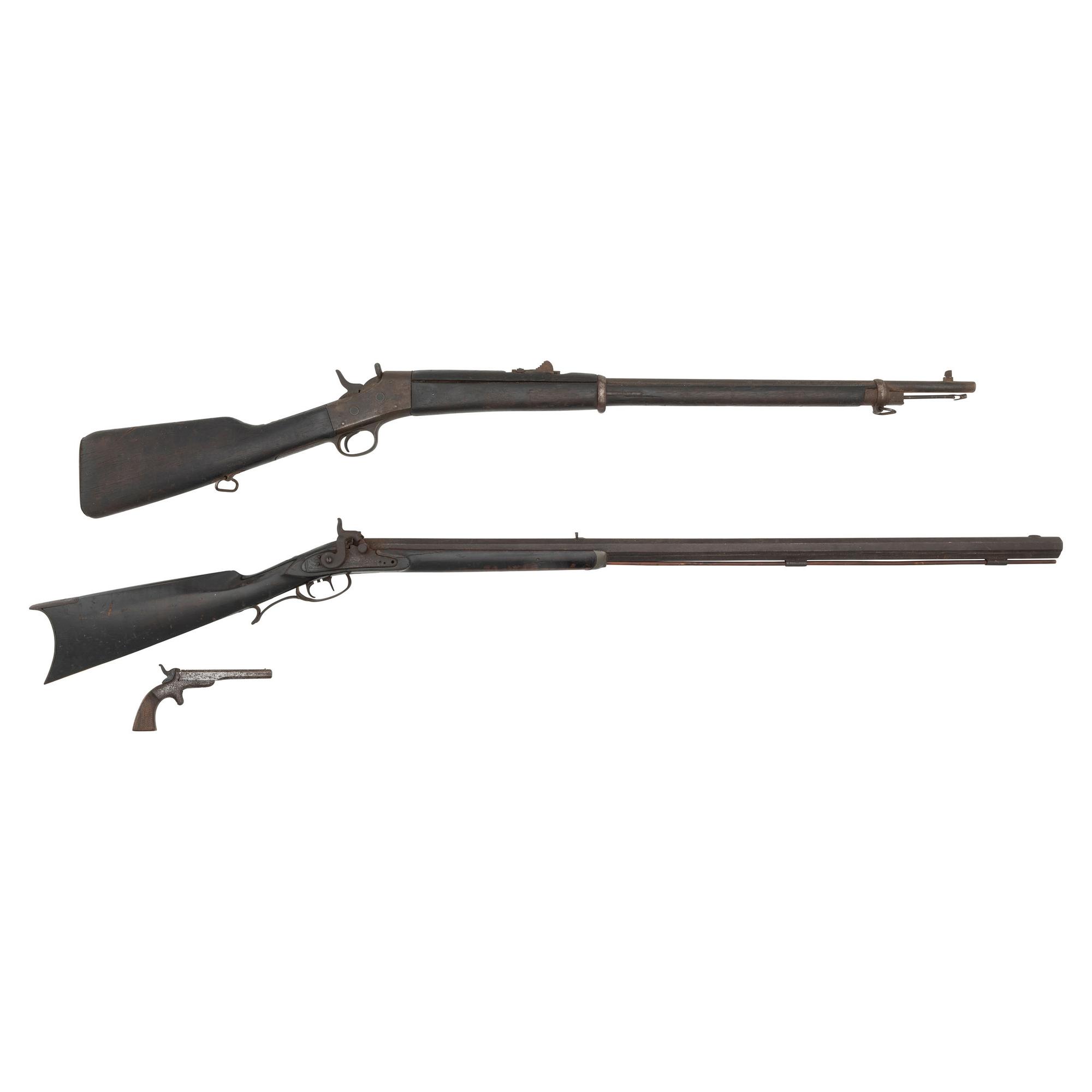 3 Antique Guns: Remington Rolling Block Rifle, Half-Stock Percussion Rifle, Allen & Wheelock Single Shot Pistol