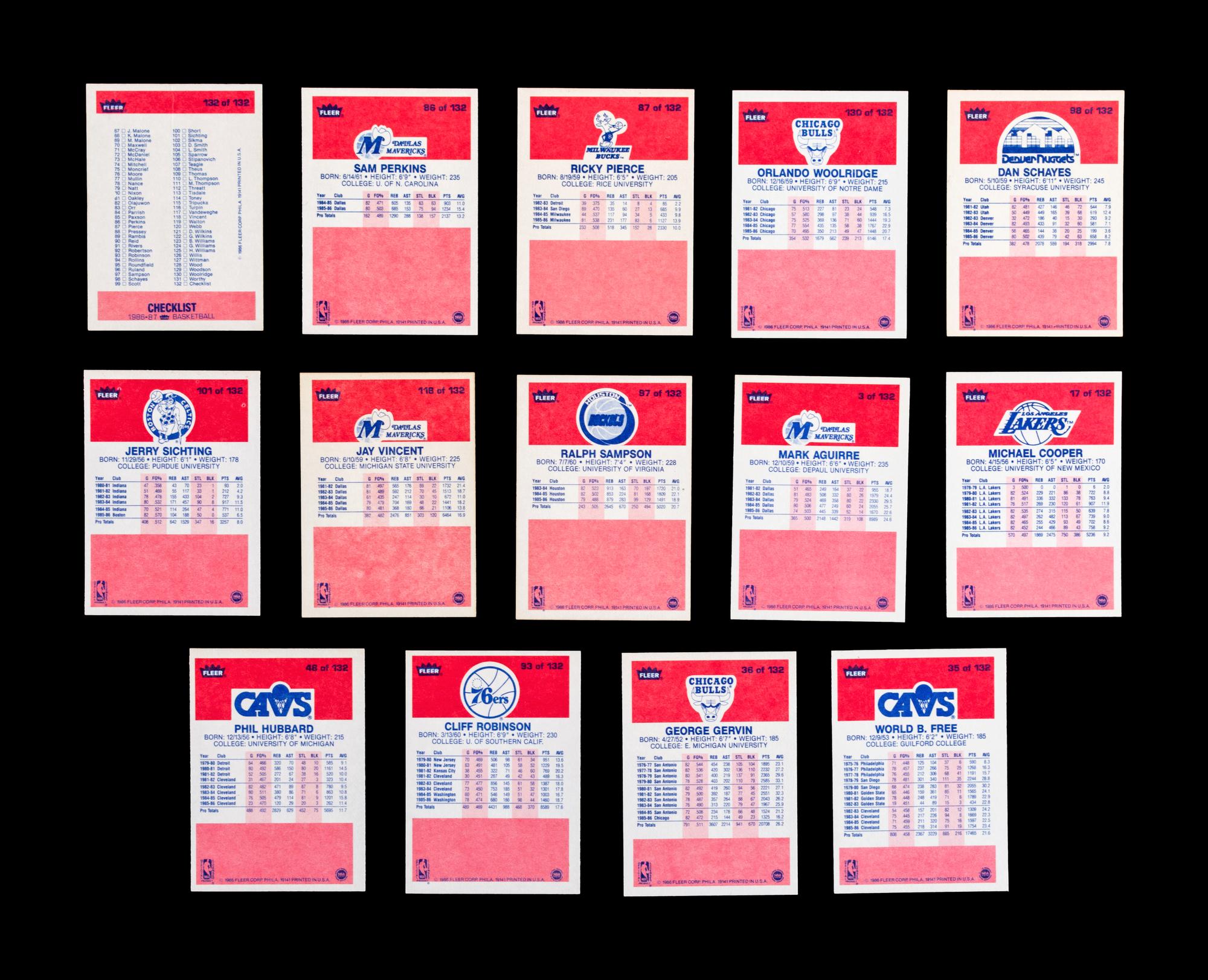 A Group of 54 1986 Fleer Basketball Cards, Including a Patrick Ewing Rookie No. 32, and Two Stickers