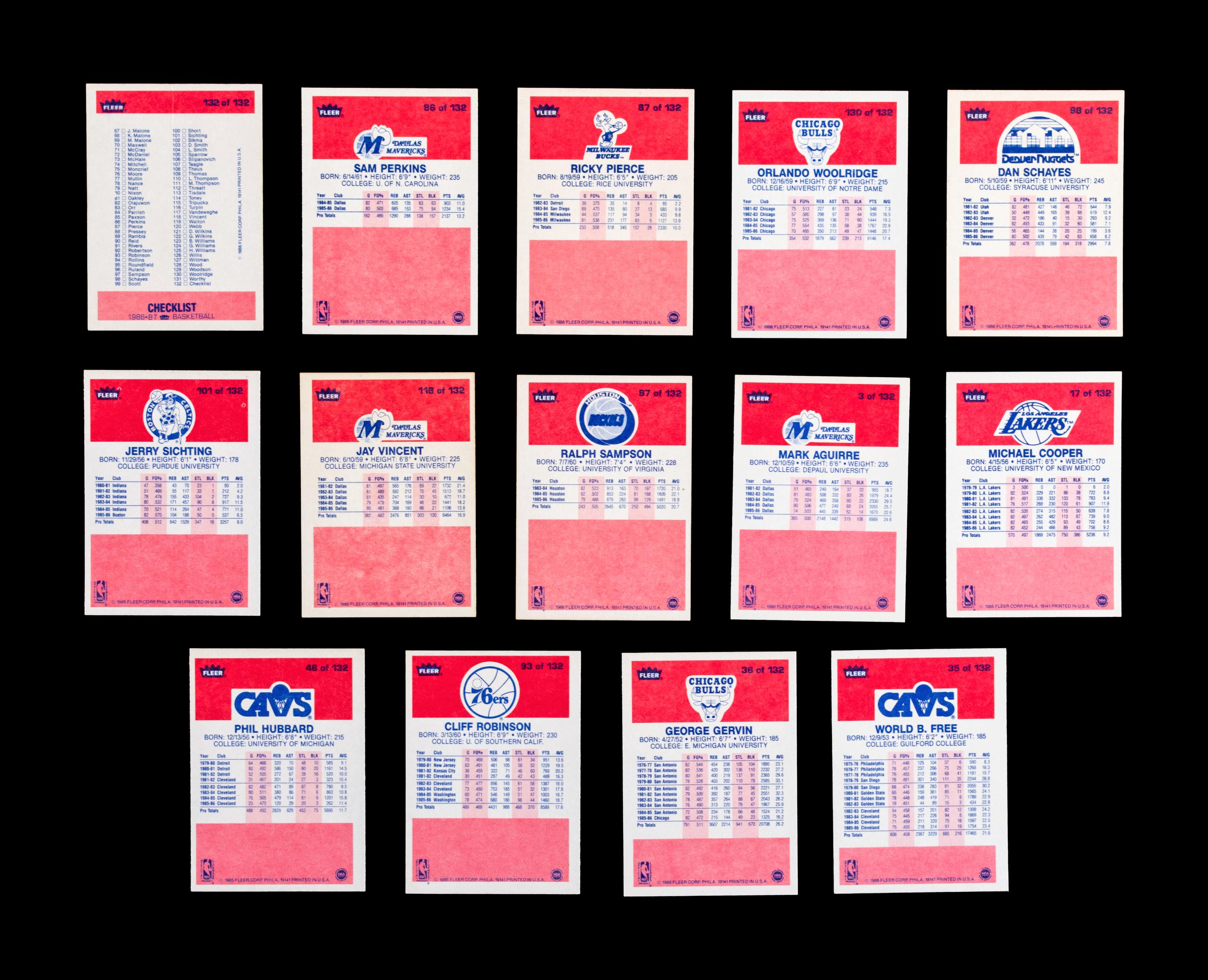 A Group of 54 1986 Fleer Basketball Cards, Including a Patrick Ewing Rookie No. 32, and Two Stickers