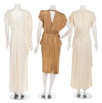 Three Dresses; One Draped White Dress, One Gold Lamé Dress, One White Beaded and Sequined Dress, 1940s