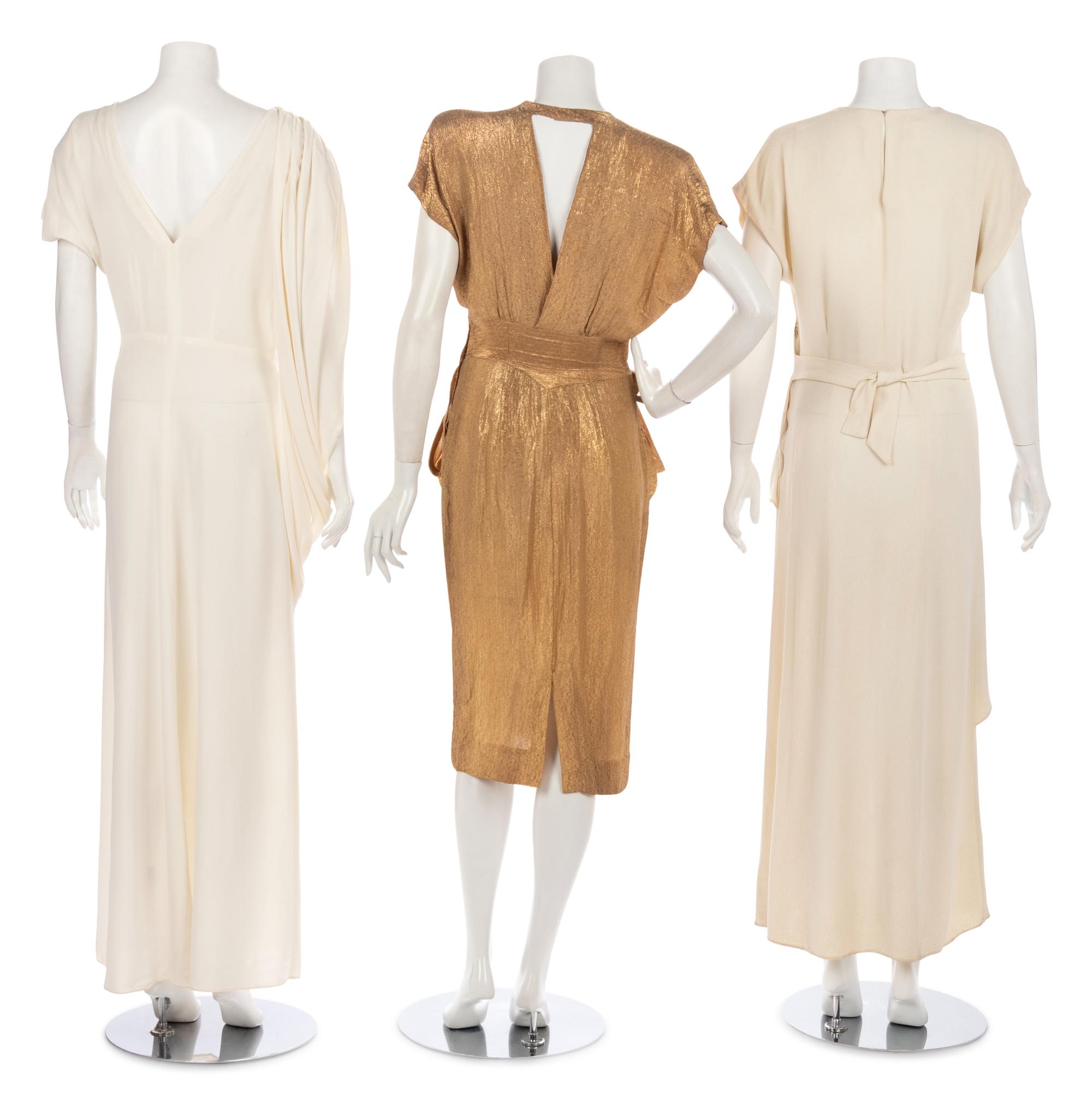 Three Dresses; One Draped White Dress, One Gold Lamé Dress, One White Beaded and Sequined Dress, 1940s