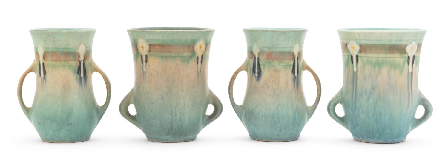 Four Roseville Montarello Pottery Vases Height of each 5 3/8 inches.