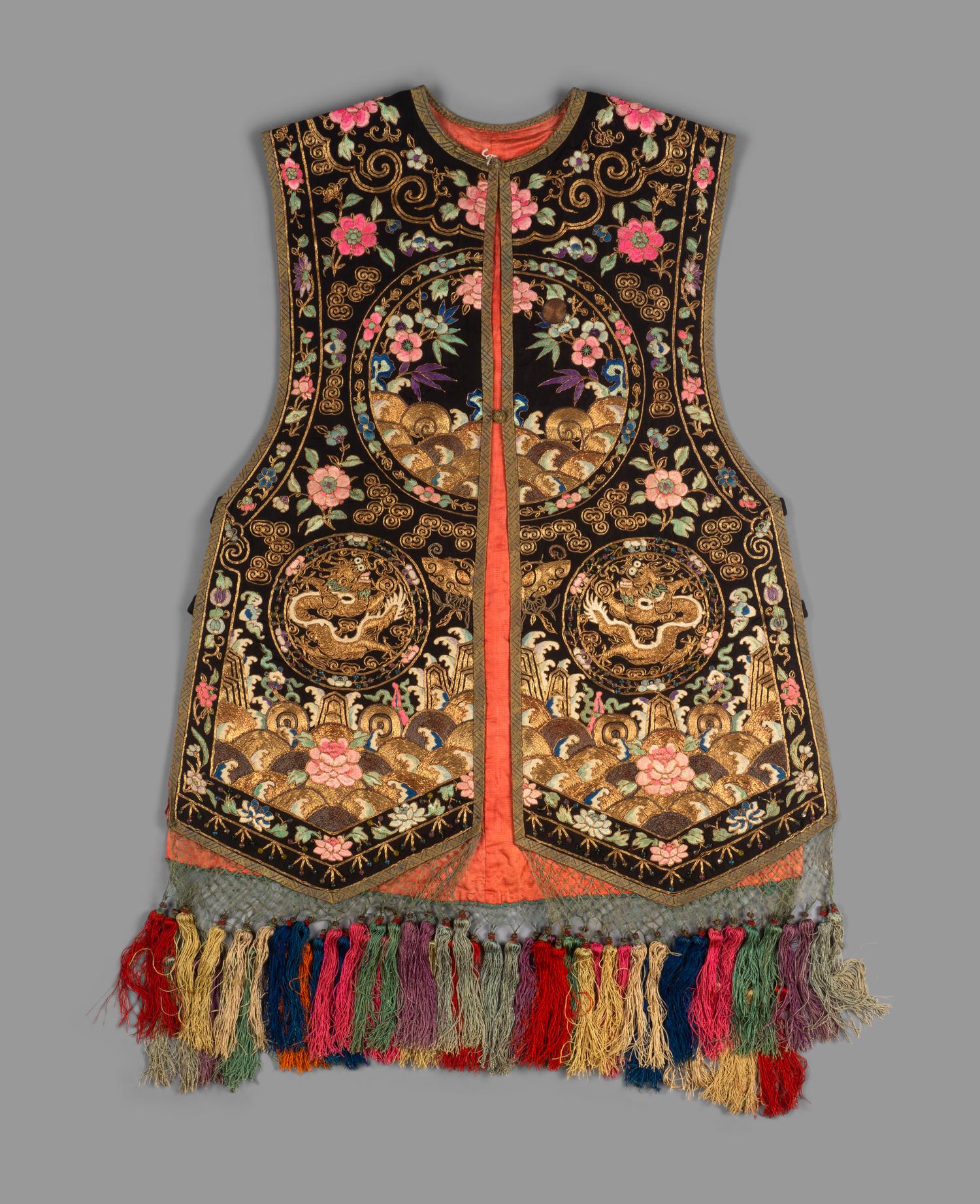 A Chinese Black Ground Embroidered Silk Lady's Vest, Xiapei