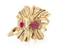 A Retro Rose Gold, Platinum, Ruby and Diamond Brooch, French, 20.10 dwts.