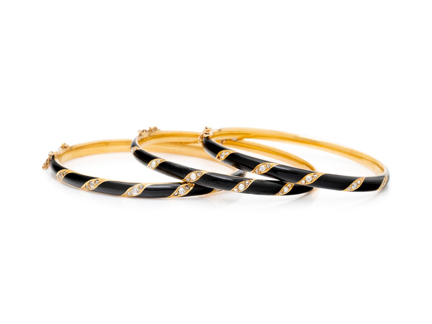 ANTIQUE, COLLECTION OF DIAMOND, ENAMEL, AND YELLOW GOLD BANGLE BRACELETS
