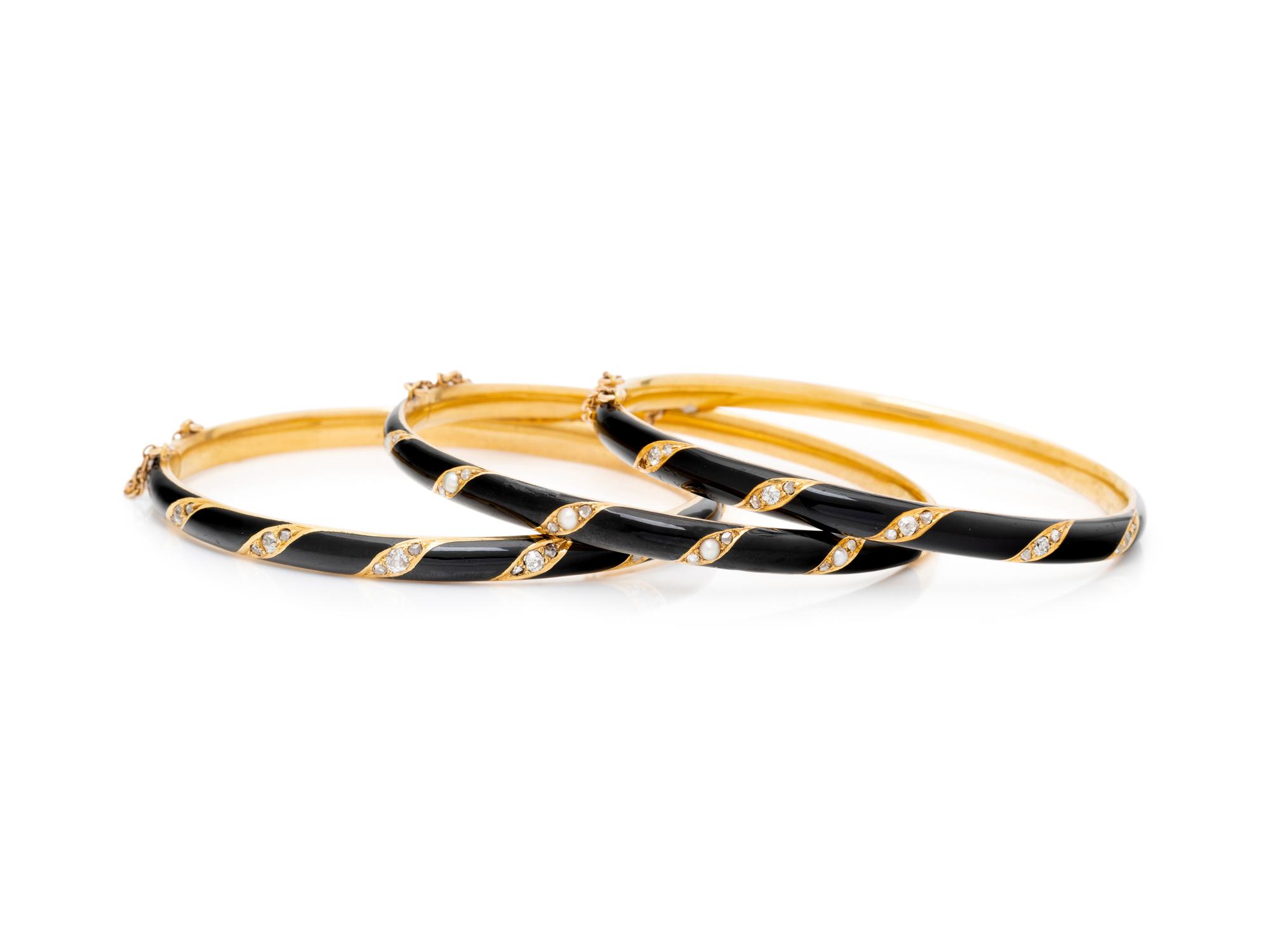 ANTIQUE, COLLECTION OF DIAMOND, ENAMEL, AND YELLOW GOLD BANGLE BRACELETS