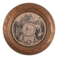 [POLITICS]. Engraving of George Washington displayed in wood medallion from Mount Vernon.