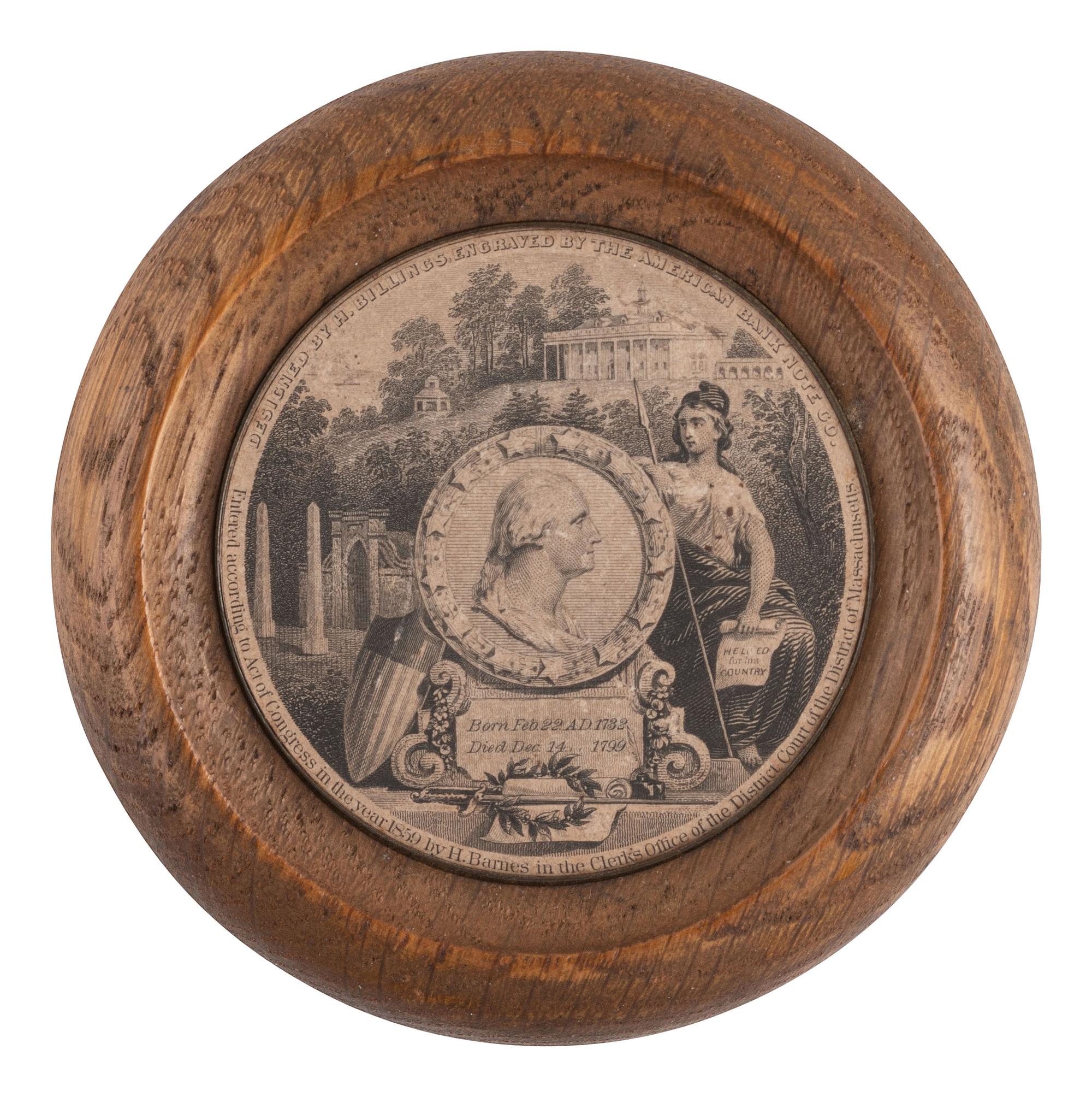 [POLITICS]. Engraving of George Washington displayed in wood medallion from Mount Vernon.