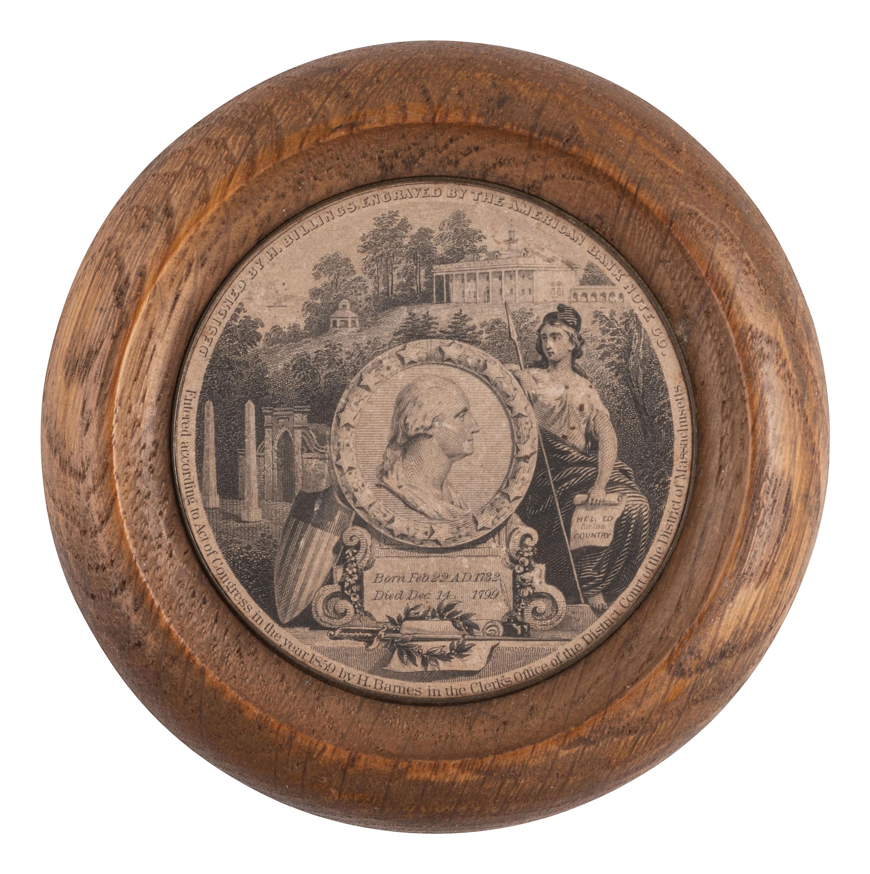 [POLITICS]. Engraving of George Washington displayed in wood medallion from Mount Vernon.