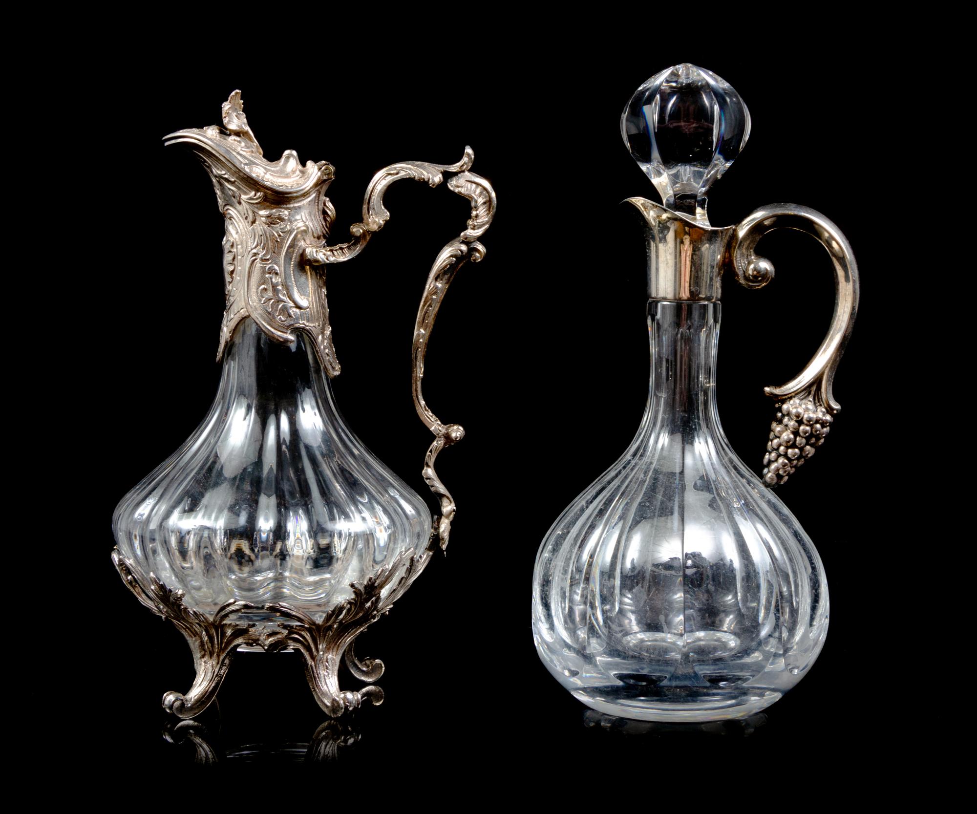 Two Silver-Plate Mounted Glass Ewers