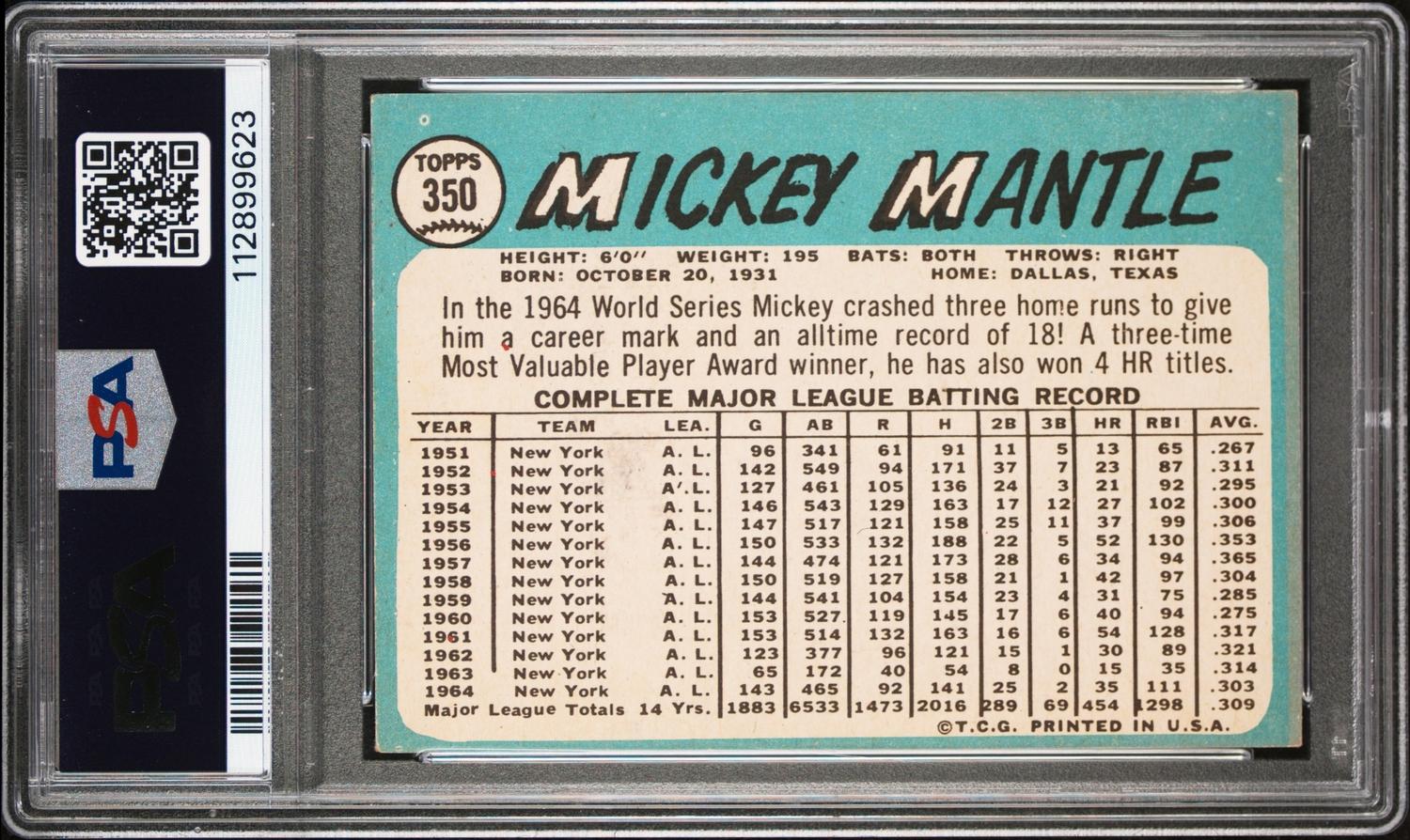 A 1965 Topps Mickey Mantle Baseball Card No. 193 (PSA 5 EX)