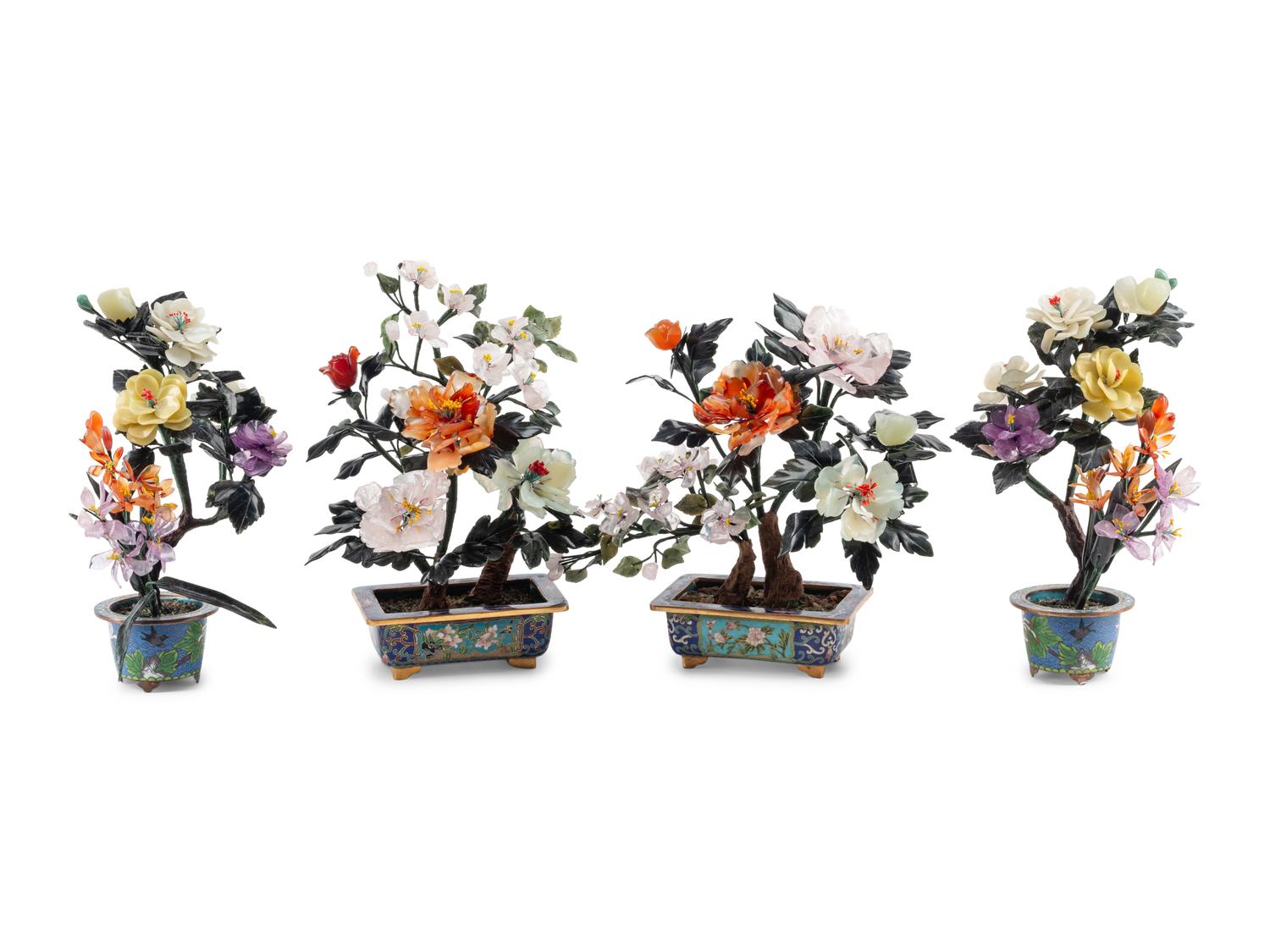 Two Pairs of Chinese Carved Hardstone Models of Flowering Trees