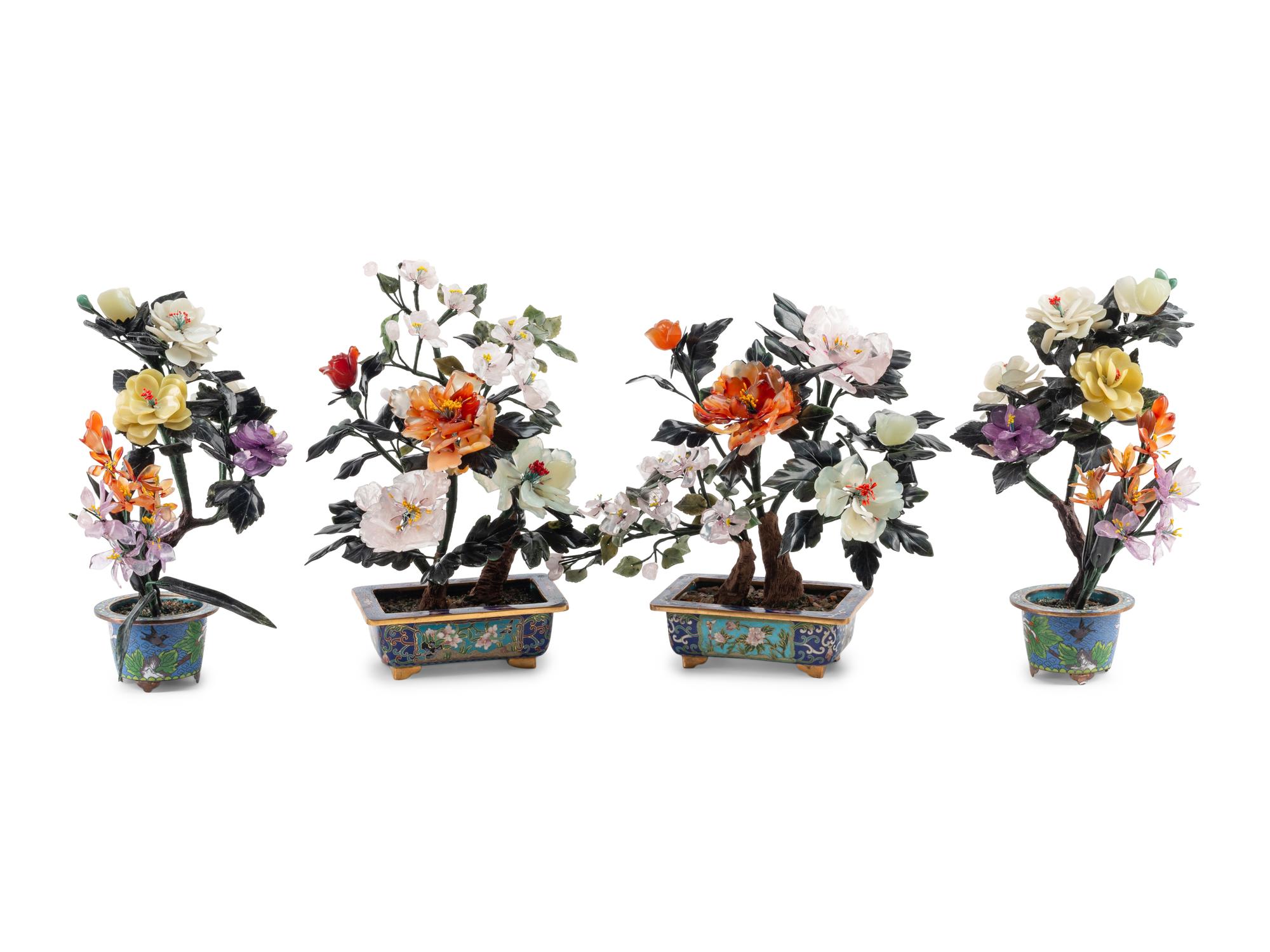 Two Pairs of Chinese Carved Hardstone Models of Flowering Trees