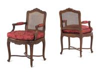 A Pair of Louis XV Style Fauteuils with Red Damask Armrests and Seat Cushions