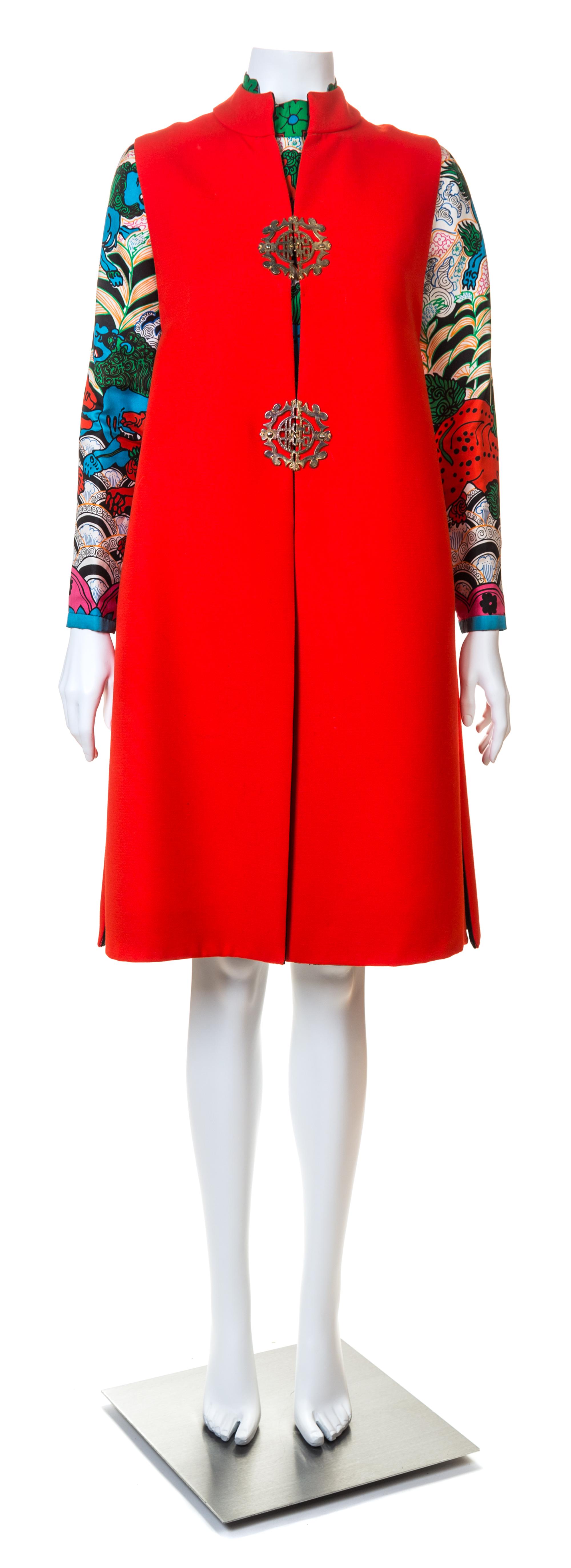 A Tina Leser Multicolor Silk Dress and Red Wool Vest, No size.