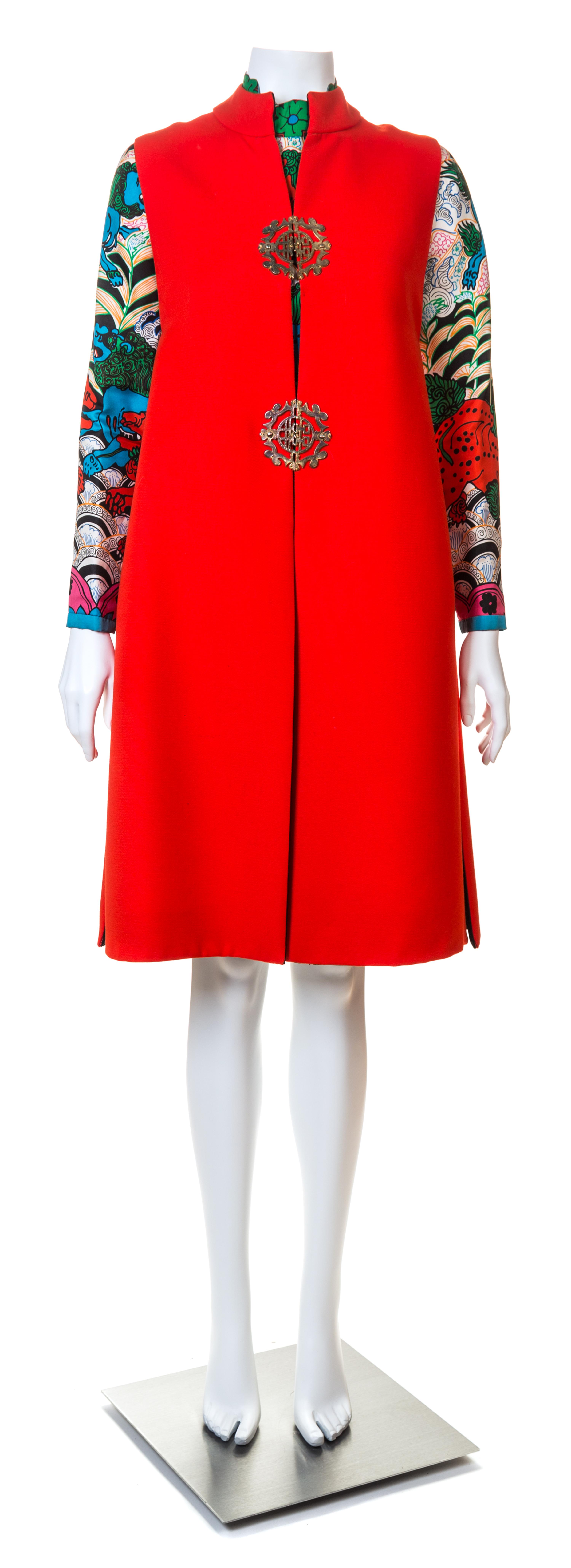 A Tina Leser Multicolor Silk Dress and Red Wool Vest, No size.