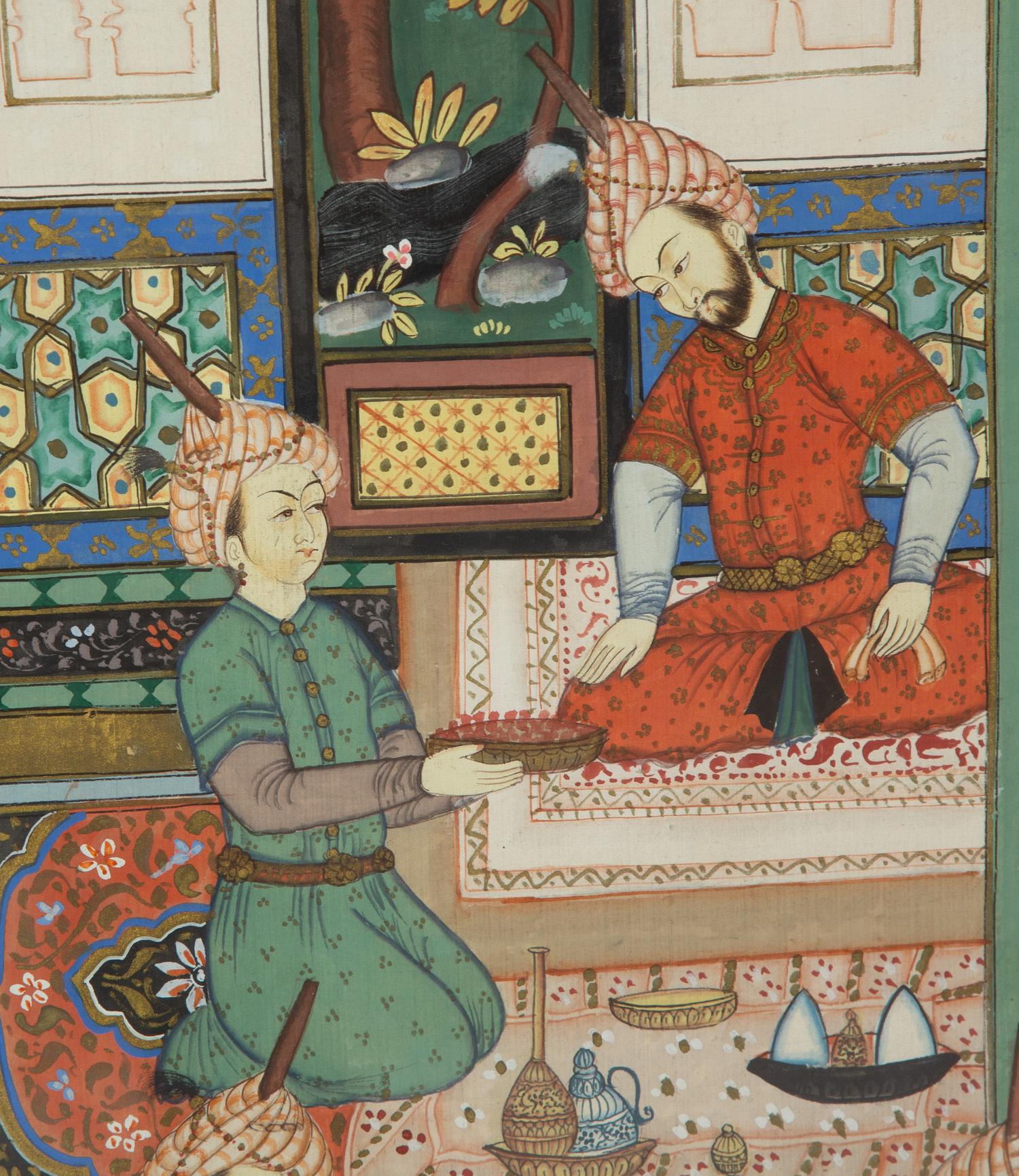 A Persian Painted Panel of Court Figures on a Veranda — 20th Century