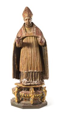 A Spanish Wood Figure of a Bishop Height 69 1/4 inches. — 18TH CENTURY