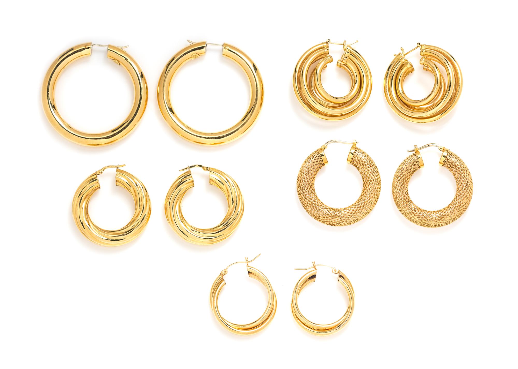 A Collection of Yellow Gold Hoop Earrings, 36.50 dwts.