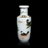 A Chinese Famille Verte 'Geese' Porcelain Rouleau Vase, Qing Dynasty 清 五彩蘆塘秋雁圖棒槌瓶